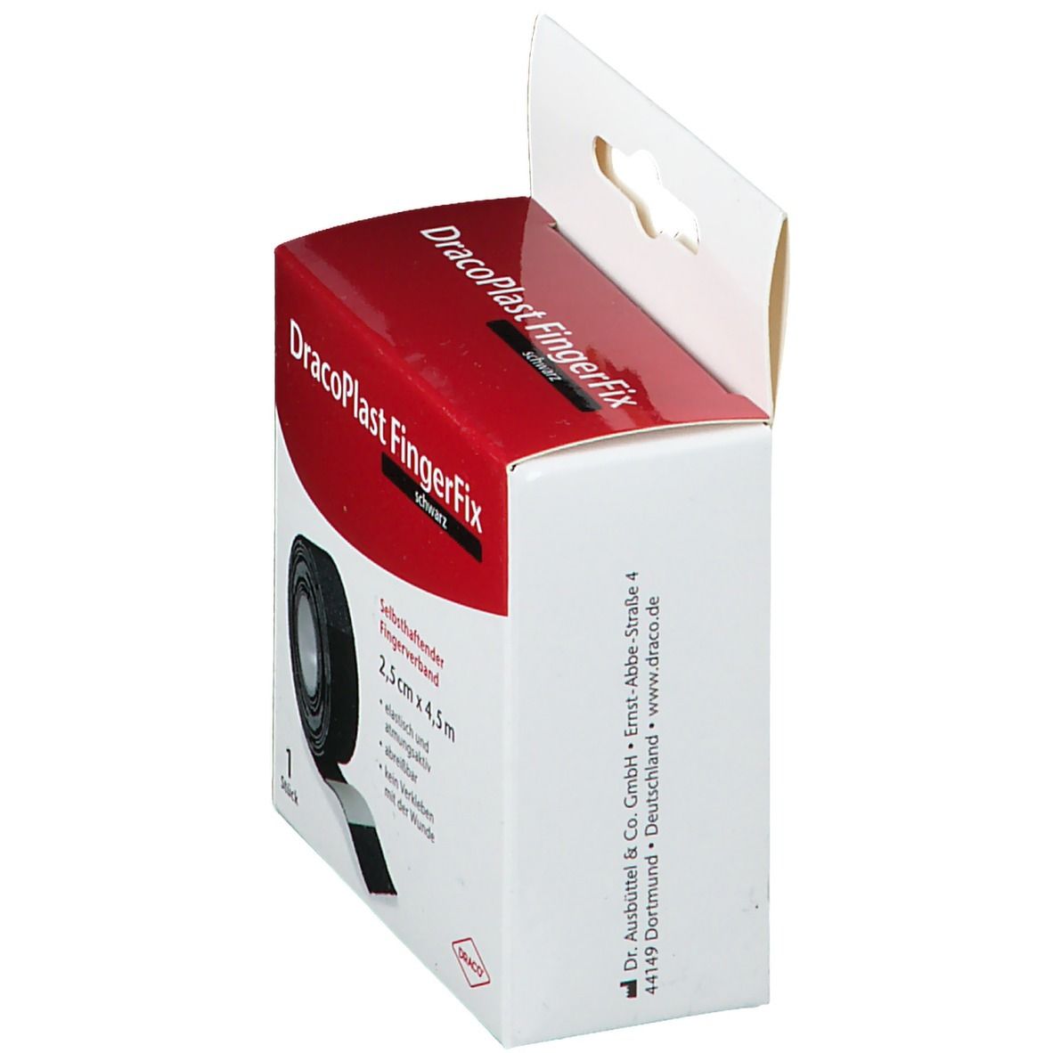 Seitenansicht der Verpackung eines schwarzen, selbsthaftenden Fingerverbands.