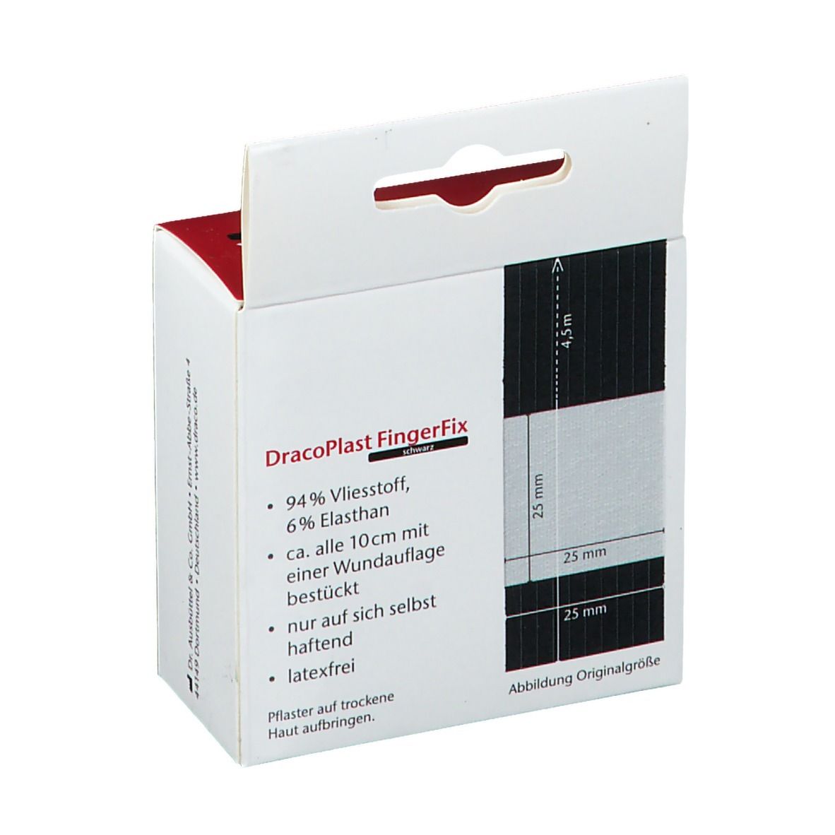 Rückseite der Verpackung mit Details zum schwarzen, selbsthaftenden Fingerverband.