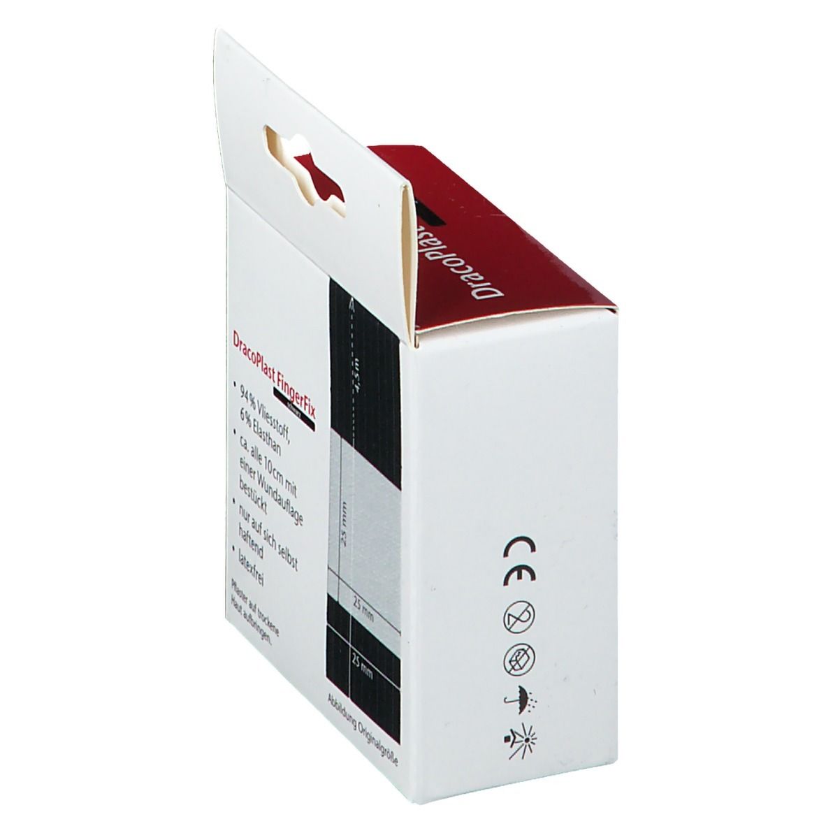 Verpackung mit CE-Kennzeichnung und Symbolen für ein schwarzes, selbsthaftendes Fingerverband.