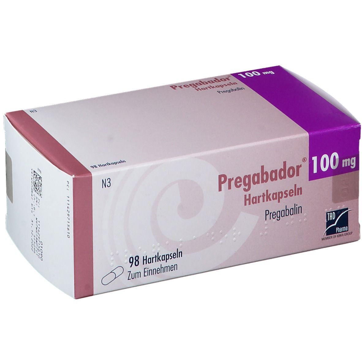 Verpackung von Pregabador 100 mg Hartkapseln. Rosa-weiße Schachtel mit lila Akzenten. Enthält 98 Kapseln. Aufdruck: Pregabador, 100 mg, Pregabalin.