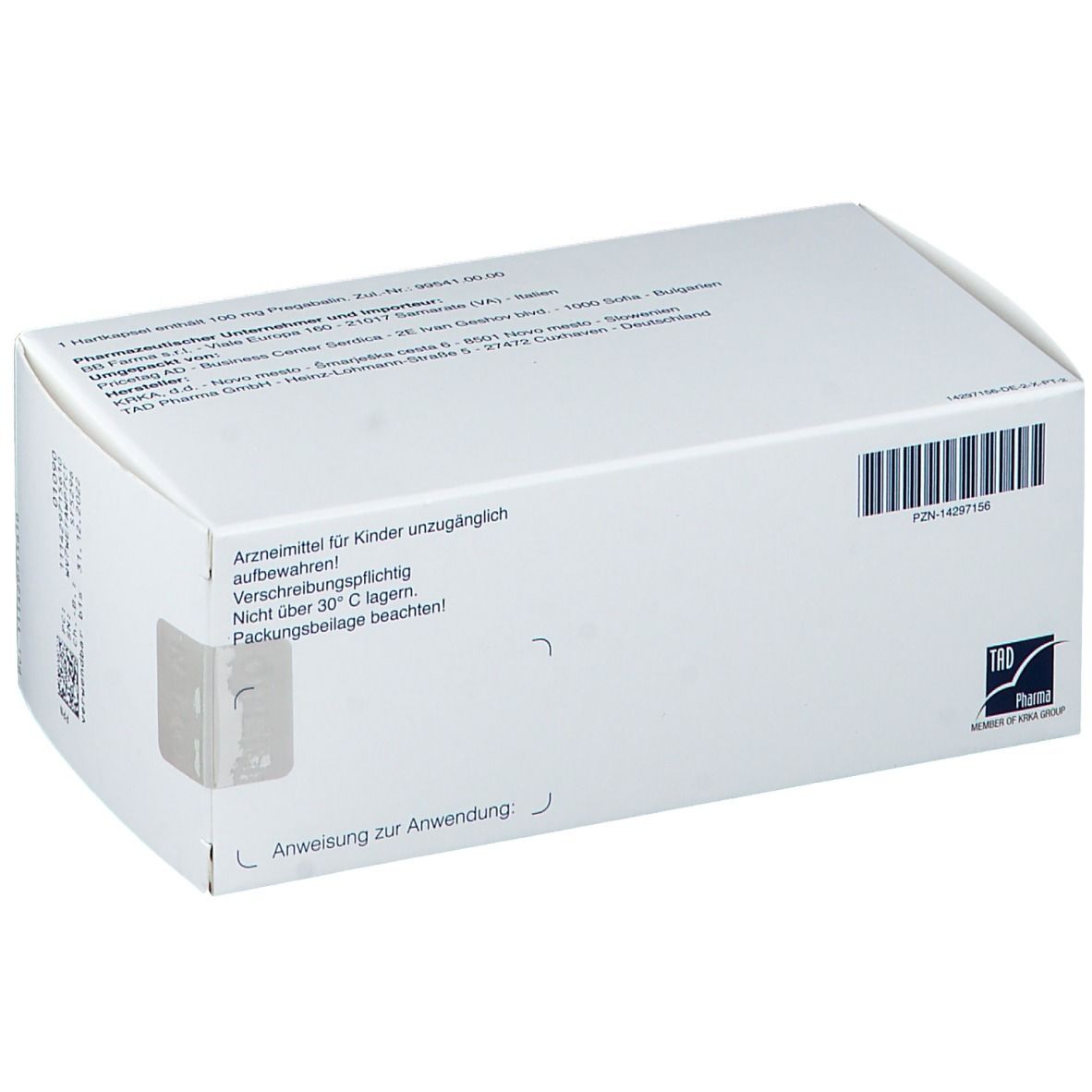 Rückseite der Verpackung von Pregabador 100 mg. Weiße Schachtel mit Text und Barcode. Aufdruck: Arzneimittel für Kinder unzugänglich aufbewahren.