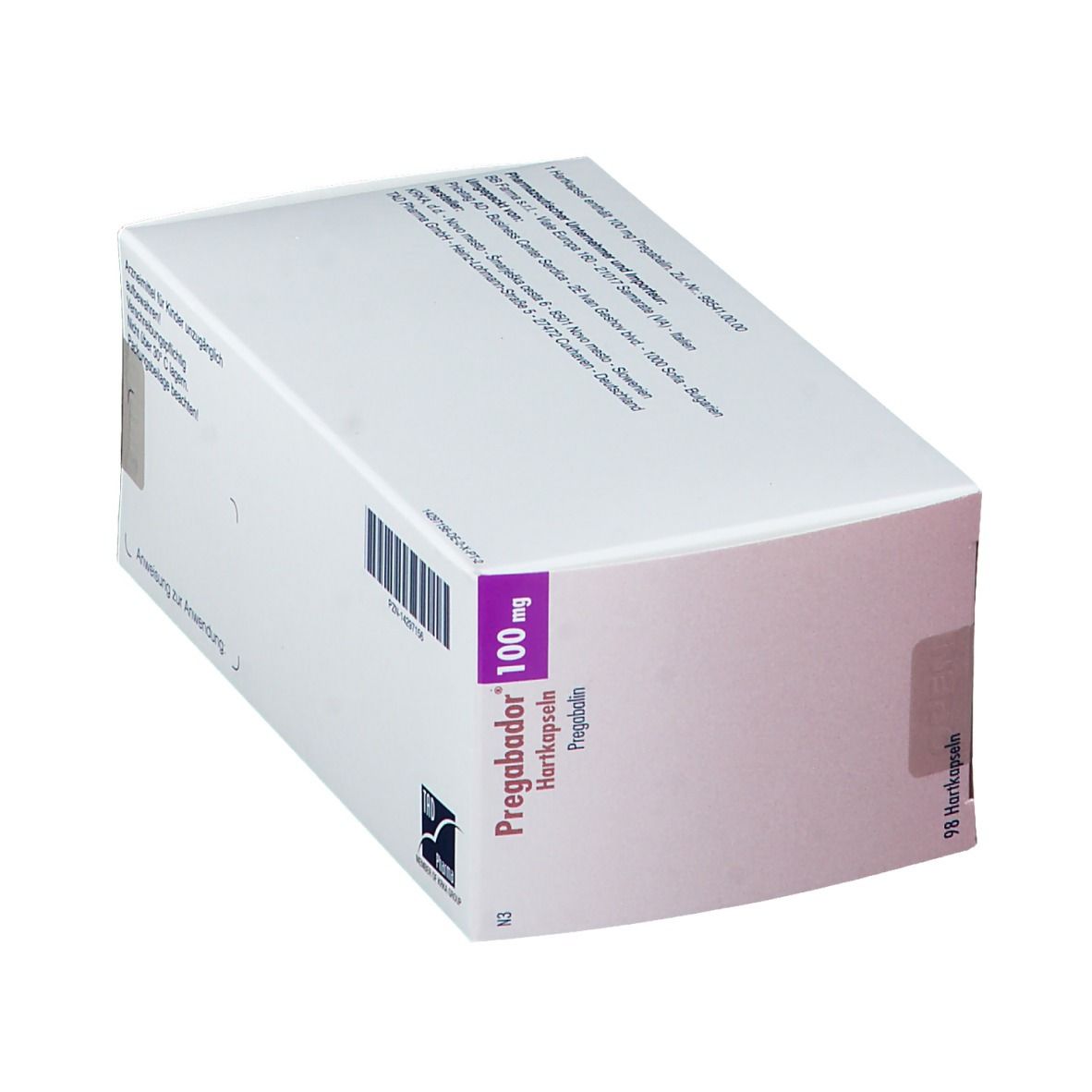 Schräg gestellte Verpackung von Pregabador 100 mg. Weiße Schachtel mit rosa und lila Akzenten. Aufdruck: Pregabador, 100 mg, Pregabalin. 98 Hartkapseln.