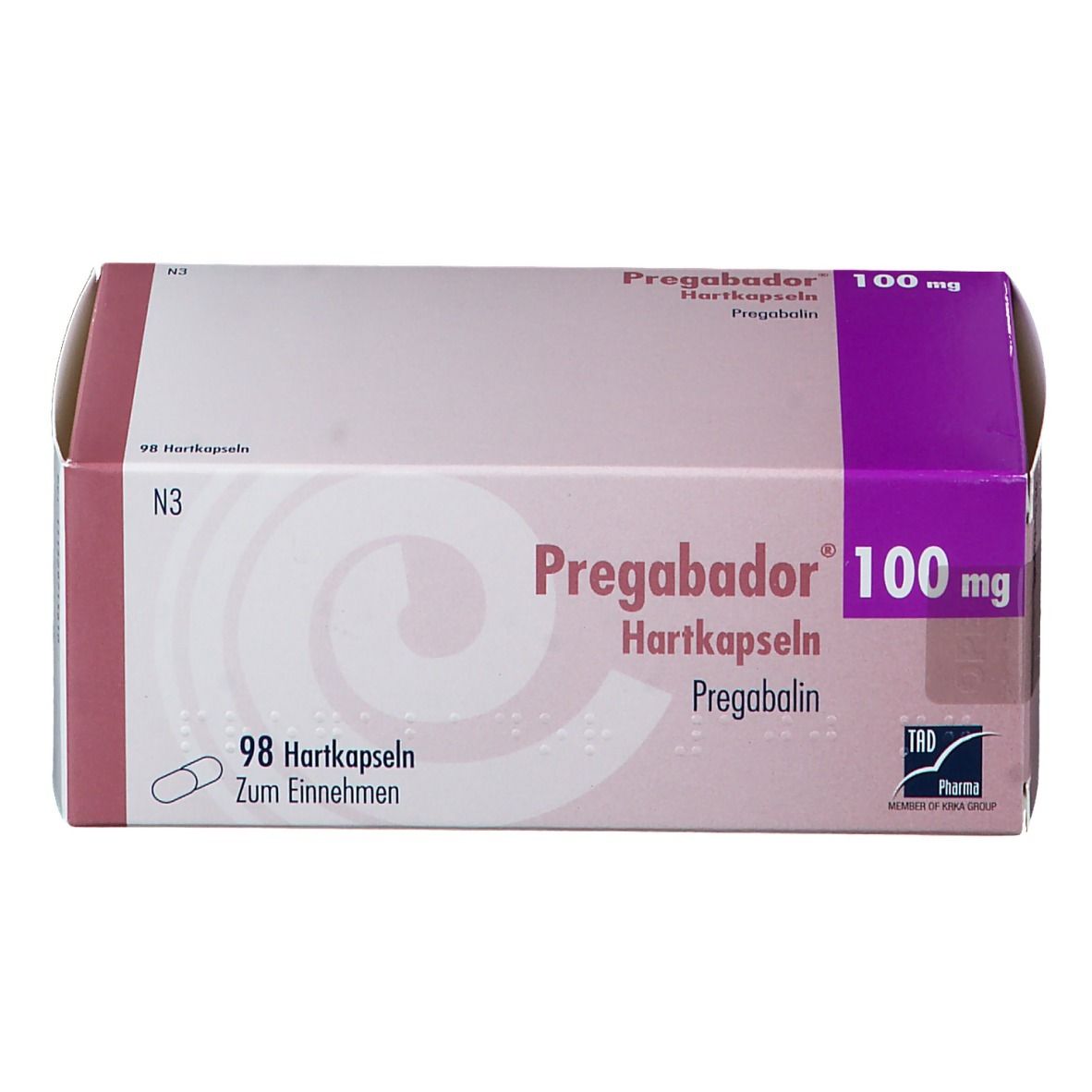 Verpackung von Pregabador 100 mg Hartkapseln. Rosa-weiße Schachtel mit lila Akzenten. Enthält 98 Kapseln. Aufdruck: Pregabador, 100 mg, Pregabalin.