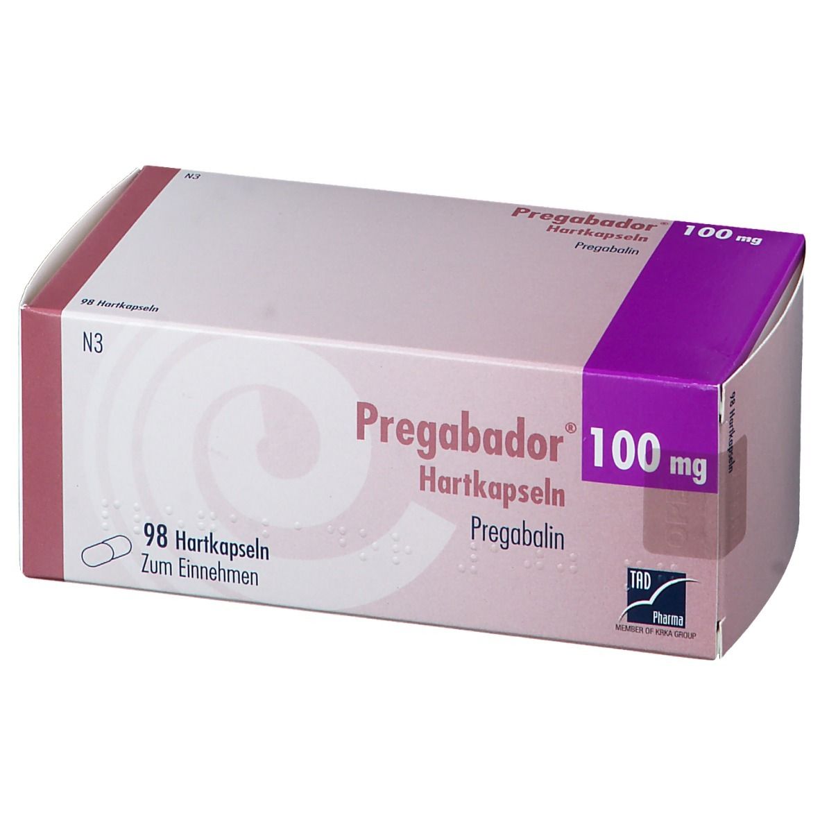 Verpackung von Pregabador 100 mg Hartkapseln. Rosa-weiße Schachtel mit lila Akzenten. Enthält 98 Kapseln. Aufdruck: Pregabador, 100 mg, Pregabalin.