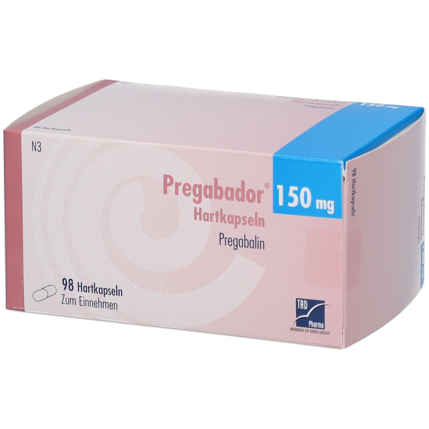 Verpackung von Pregabador 150 mg Hartkapseln. Rosa-weiße Schachtel mit blauer Ecke. Enthält 98 Kapseln. TRD Pharma Logo.