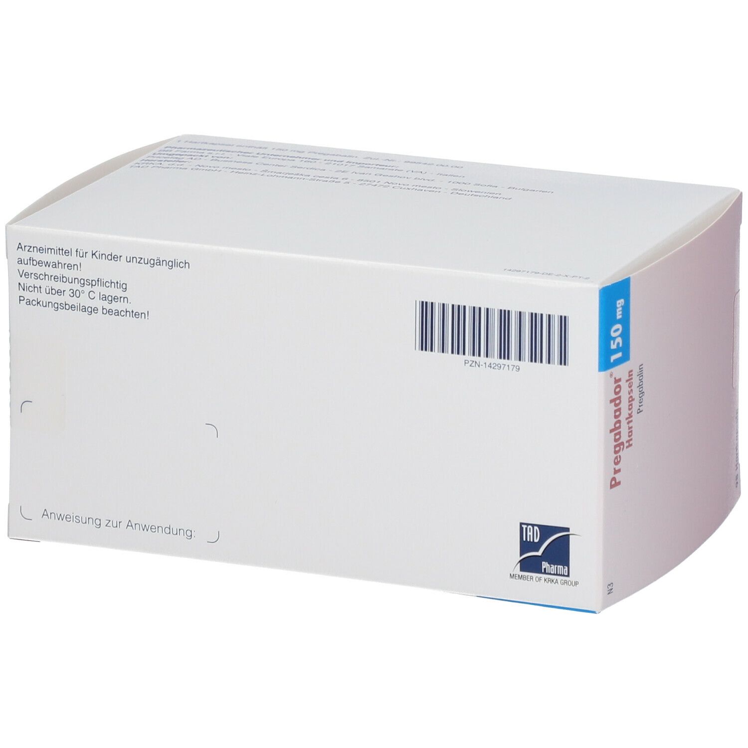 Rückseite der Pregabador 150 mg Verpackung. Weiße Schachtel mit Text und Barcode. TRD Pharma Logo.