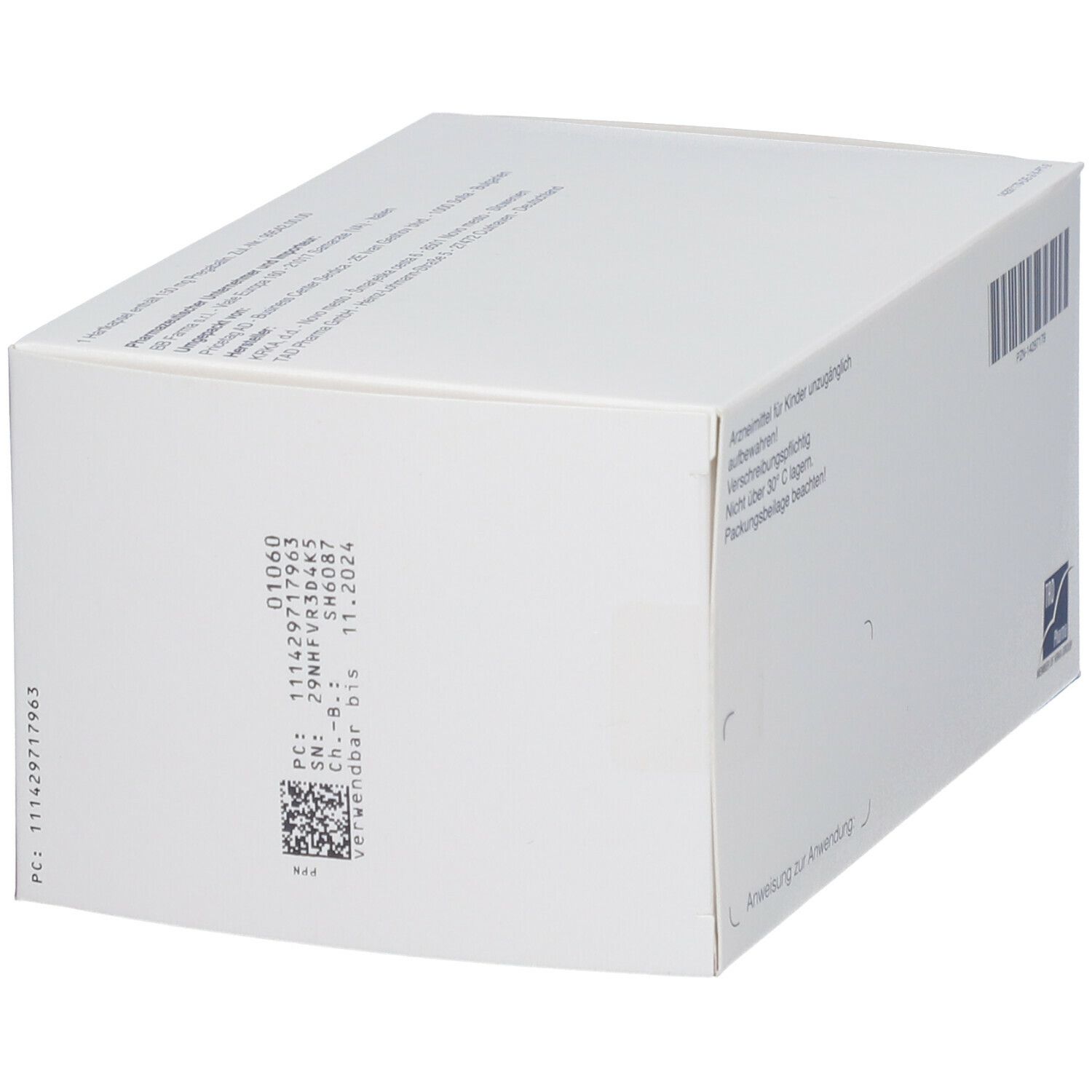 Seitenansicht der Pregabador 150 mg Verpackung. Weiße Schachtel mit Text und Barcode. TRD Pharma Logo.
