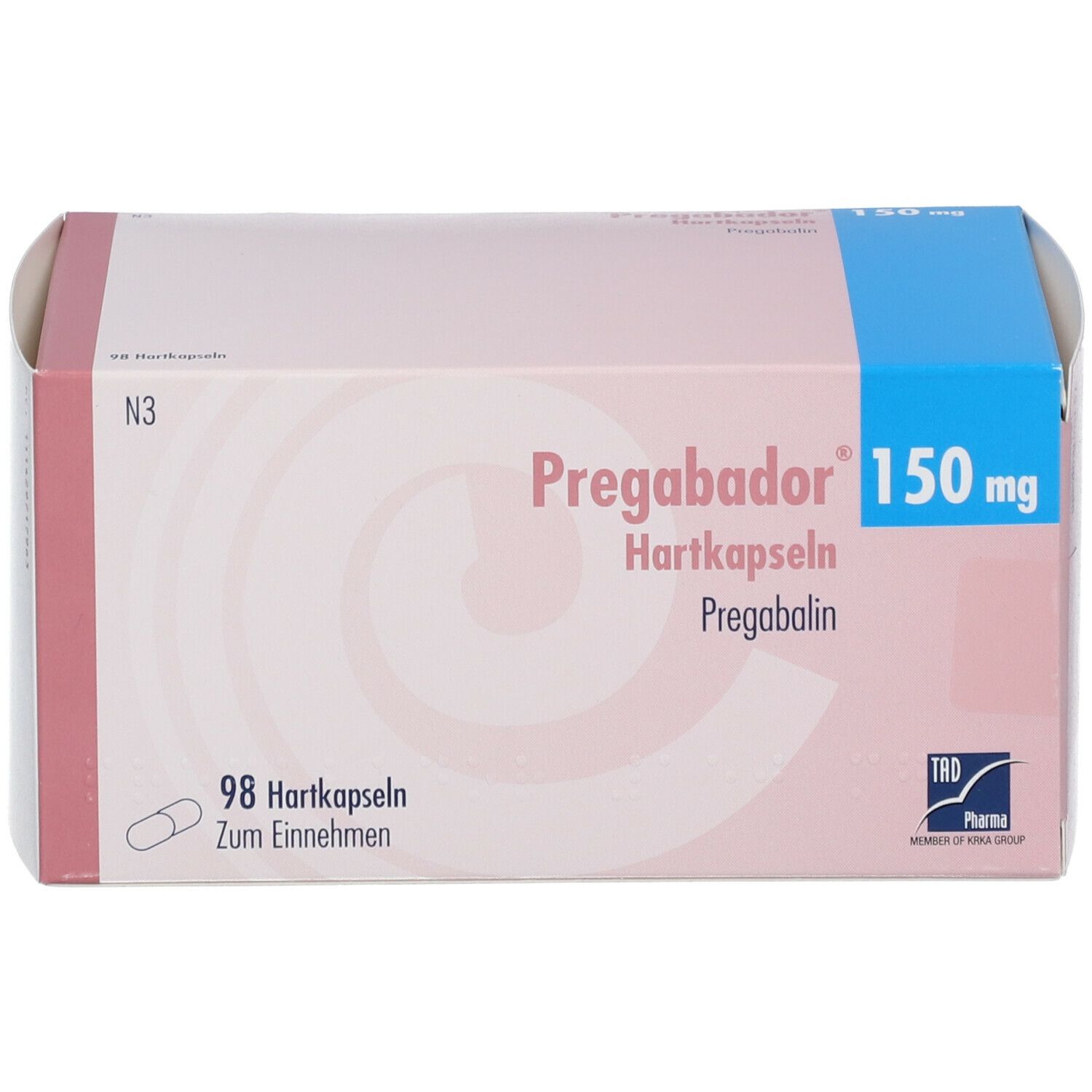 Verpackung von Pregabador 150 mg Hartkapseln. Rosa-weiße Schachtel mit blauer Ecke. Enthält 98 Kapseln. TRD Pharma Logo.