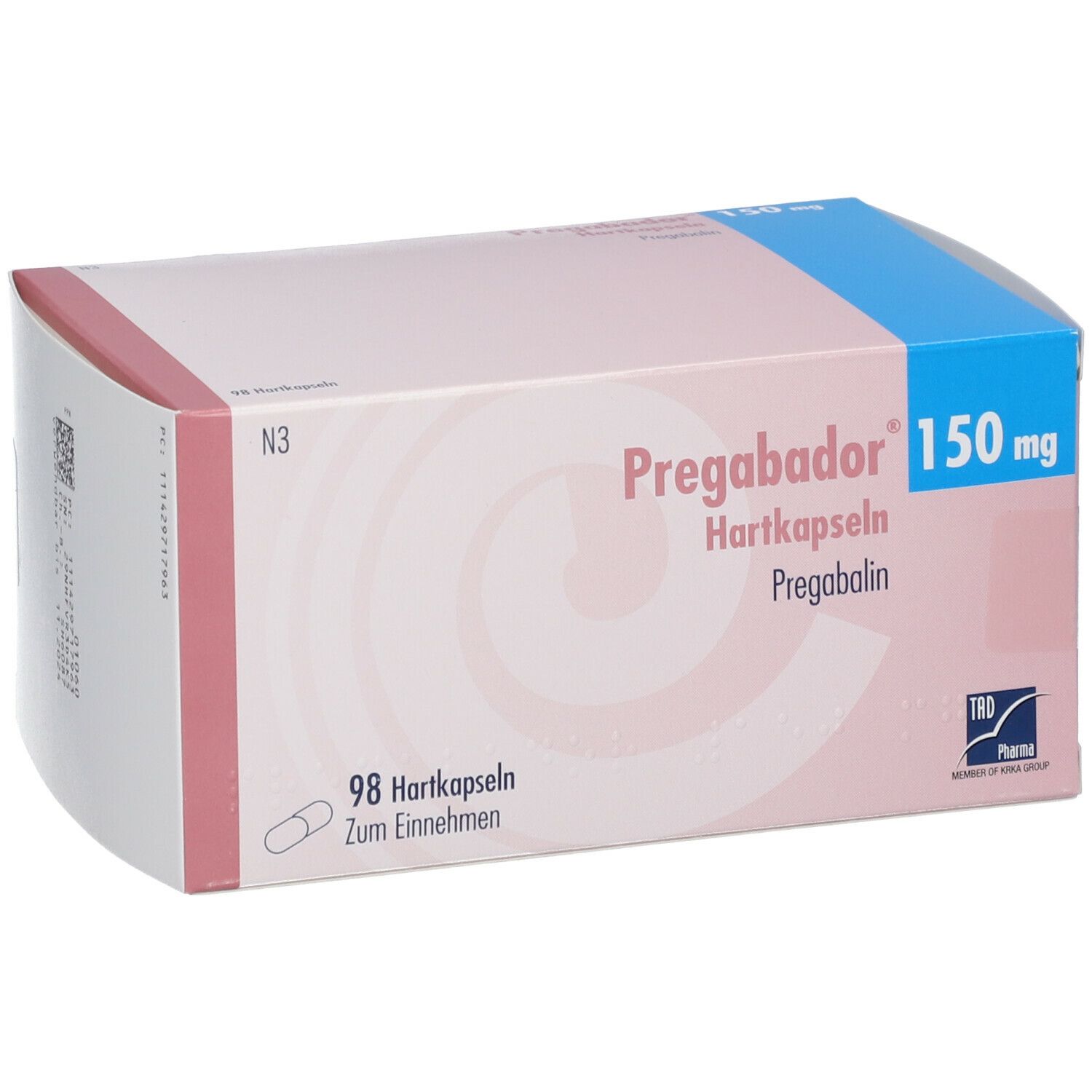 Verpackung von Pregabador 150 mg Hartkapseln. Rosa-weiße Schachtel mit blauer Ecke. Enthält 98 Kapseln. TRD Pharma Logo.