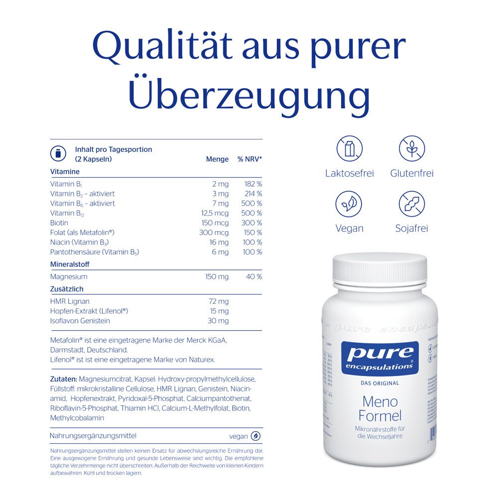 Flasche mit Kapseln und Inhaltsangaben. Text: Qualität aus purer Überzeugung. Logos: vegan, sojafrei.