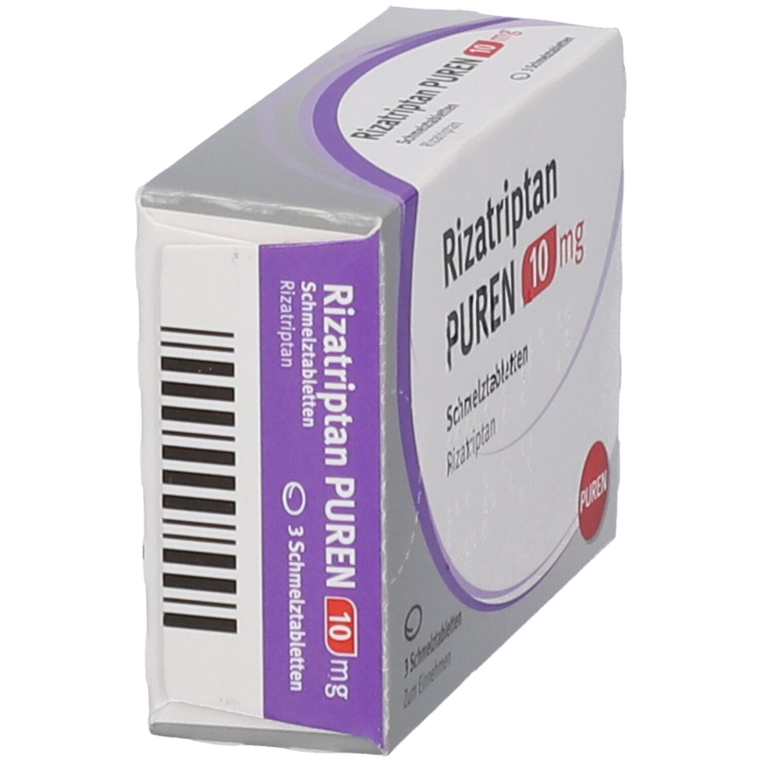 Packung RIZATRIPTAN PUREN 10 mg Schmelztabletten, 3 Stück, Seitenansicht.