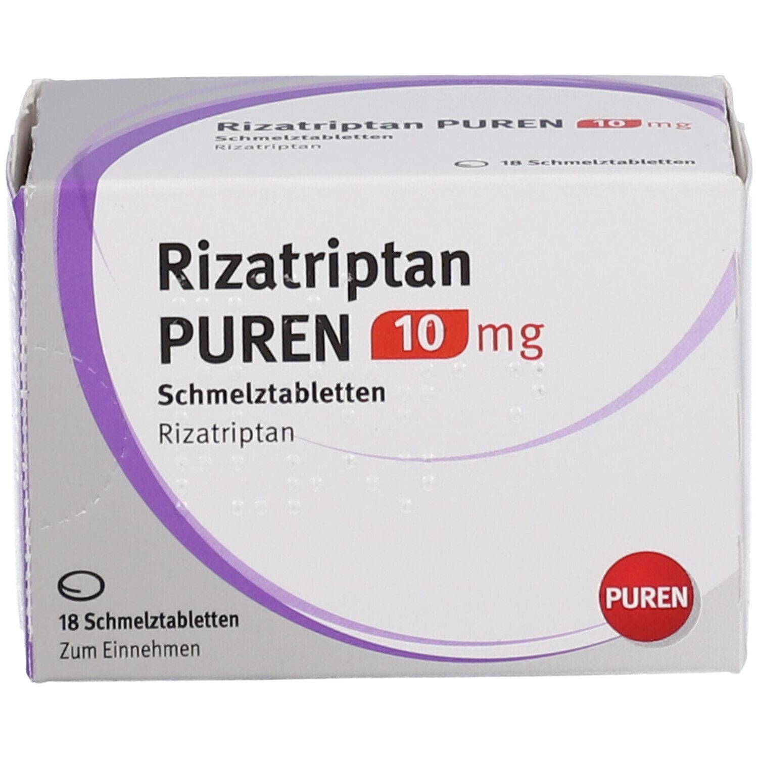 Schachtel mit RIZATRIPTAN PUREN 10 mg Schmelztabletten. Weiß, lila und rot. 18 Tabletten. PUREN-Logo.