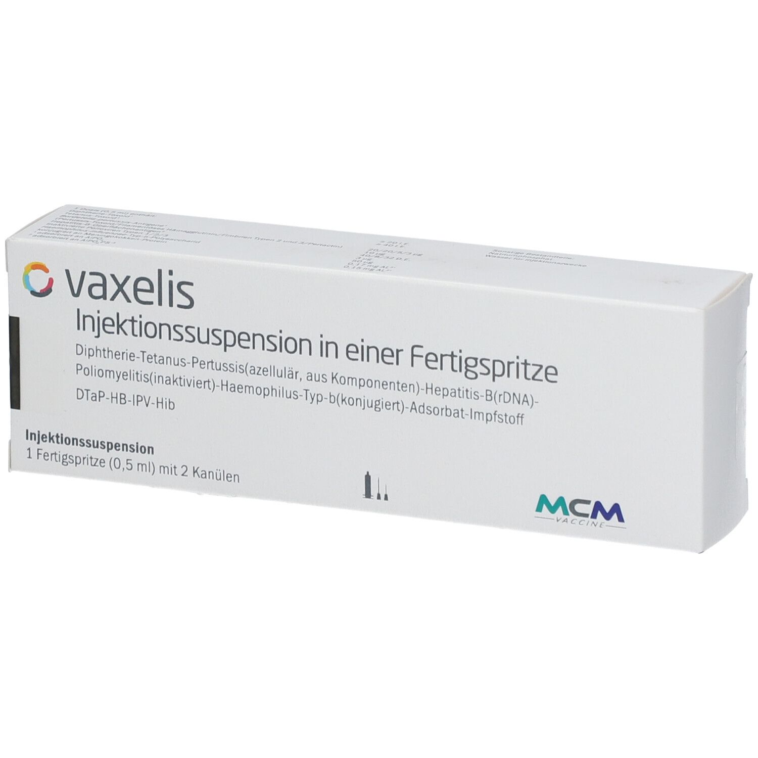Vaxelis Injektionssuspension in einer Fertigspritze, 1 Fertigspritze (0,5 ml) mit 2 Kanülen.