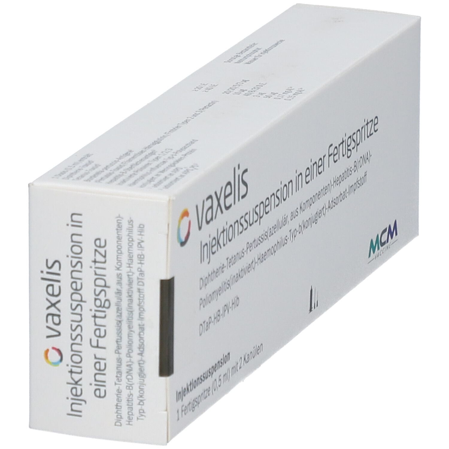 Schachtel mit Vaxelis-Aufdruck, Injektionssuspension in einer Fertigspritze. Enthält eine Fertigspritze mit 2 Kanülen. MCM-Logo.