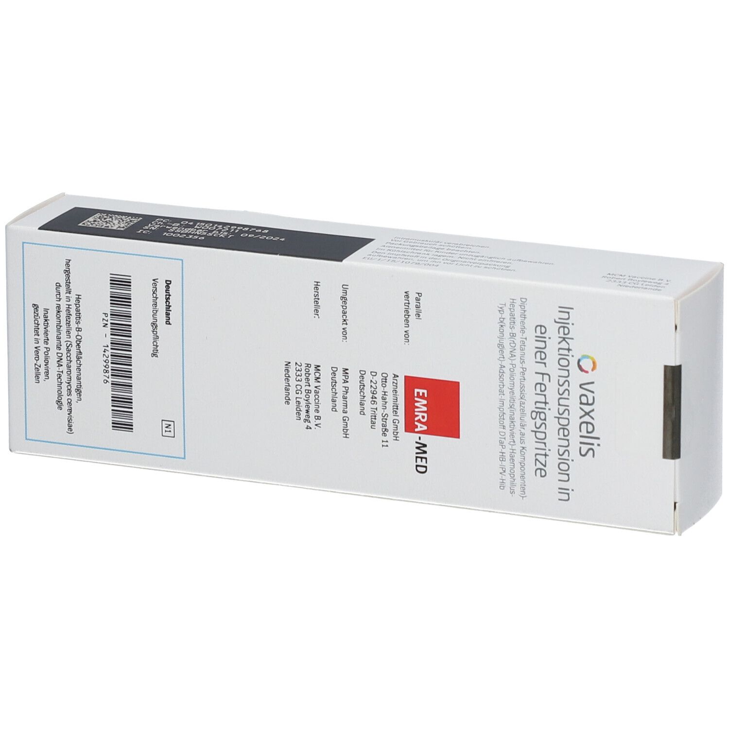 Weiße Schachtel mit Aufdruck Vaxelis, Injektionssuspension in einer Fertigspritze. Enthält Informationen und das EMRA-MED-Logo.