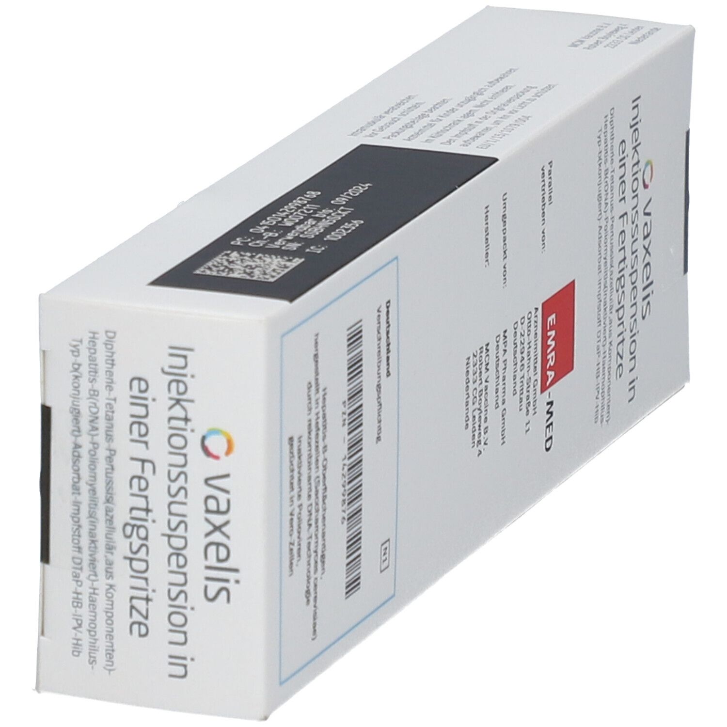 Schachtel mit Vaxelis-Aufdruck, Injektionssuspension in einer Fertigspritze. Enthält Informationen und das EMRA-MED-Logo.