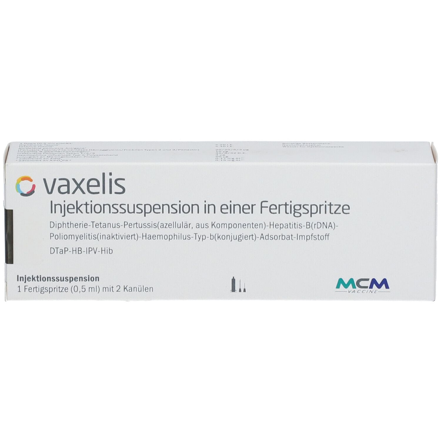 Weiße Schachtel mit Aufschrift Vaxelis, Injektionssuspension in einer Fertigspritze. Enthält eine Fertigspritze mit 2 Kanülen. MCM-Logo.