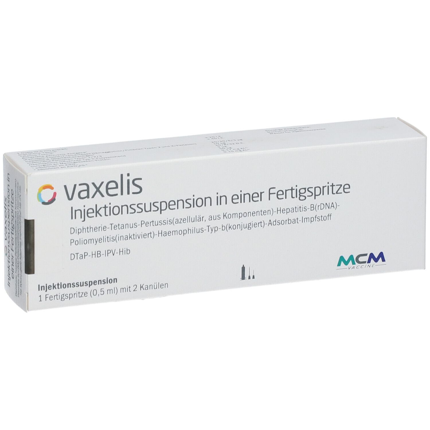 Weiße Schachtel mit Aufschrift Vaxelis, Injektionssuspension in einer Fertigspritze. Enthält eine Fertigspritze mit 2 Kanülen. MCM-Logo.