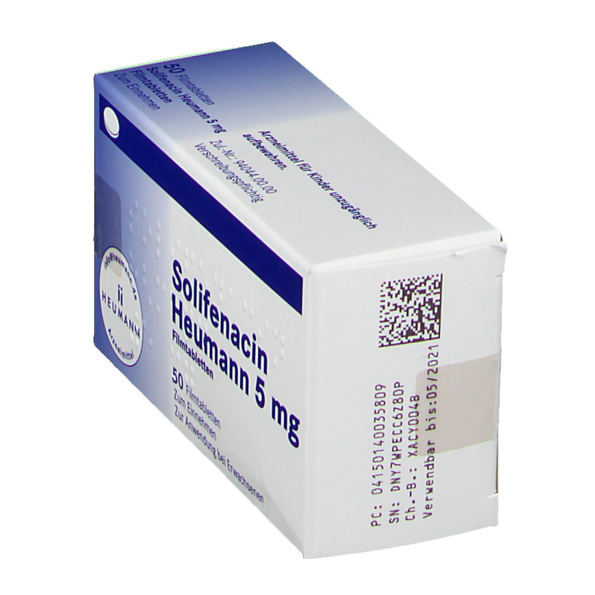 Schachtel Solifenacin Heumann 5 mg. Blaue und weiße Farbgebung. Barcode und Verfallsdatum. Heumann Logo.