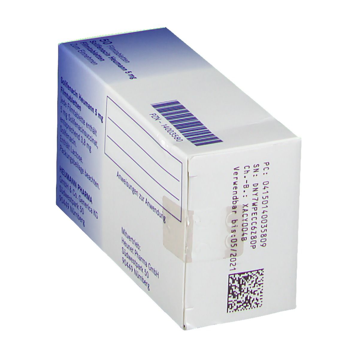 Schachtel Solifenacin Heumann 5 mg. Rückseite mit Chargennummer, Verfallsdatum und Barcode. Heumann Logo.