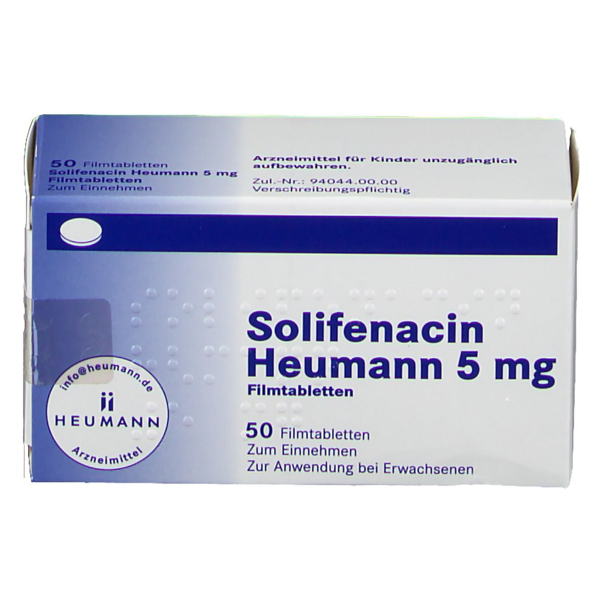 Schachtel Solifenacin Heumann 5 mg. Blaue und weiße Farbgebung. 50 Tabletten. Heumann Logo.
