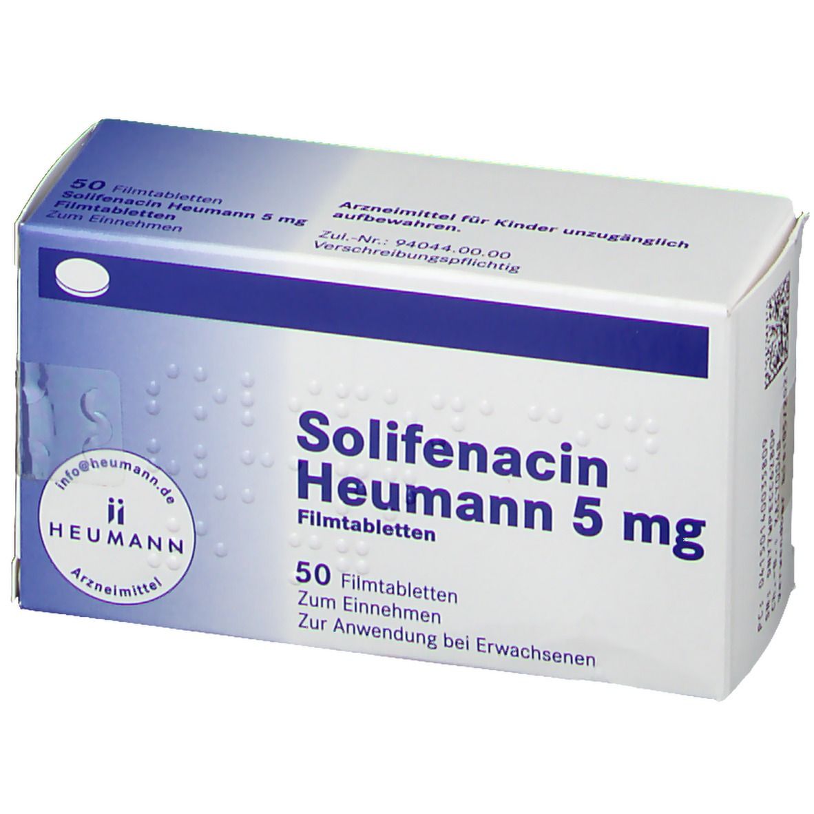 Schachtel Solifenacin Heumann 5 mg. Blaue und weiße Farbgebung. 50 Tabletten. Heumann Logo.