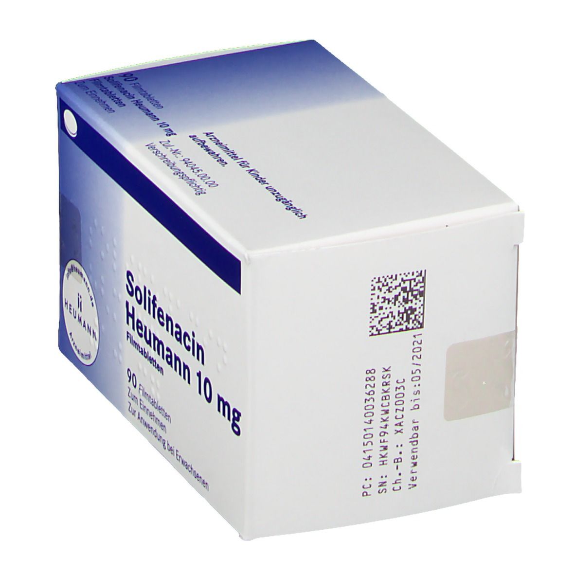 Schachtel Solifenacin Heumann 10 mg. 90 Filmtabletten. Heumann-Logo. Weiße Verpackung mit blauer Akzentfarbe.