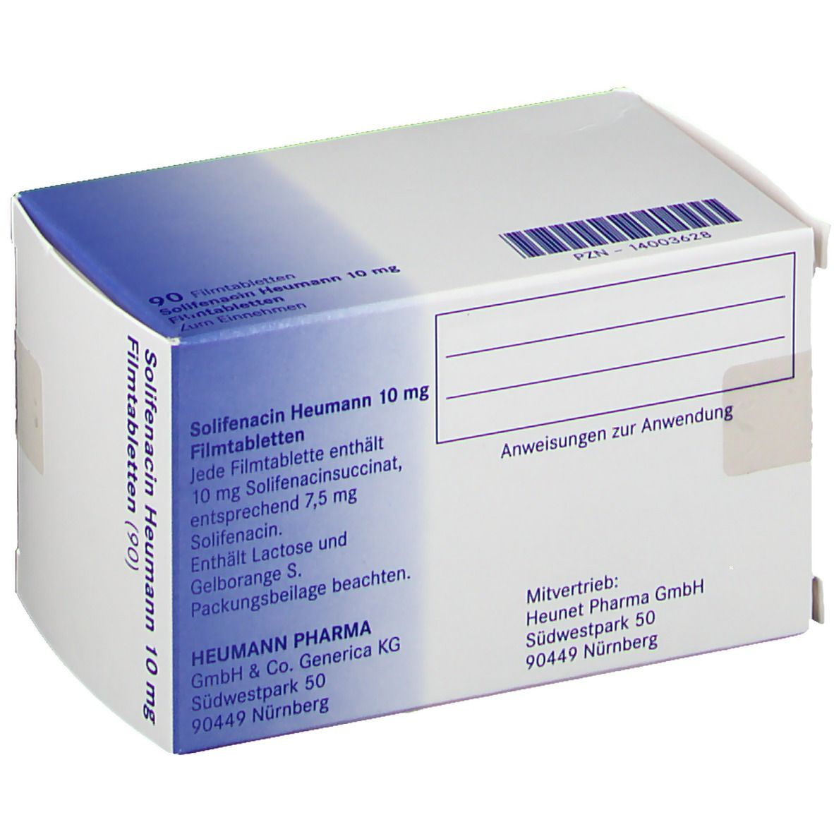 Verpackung Solifenacin Heumann 10 mg. Enthält 90 Filmtabletten. Text in Deutsch. Heumann Pharma GmbH. Weiße Schachtel.
