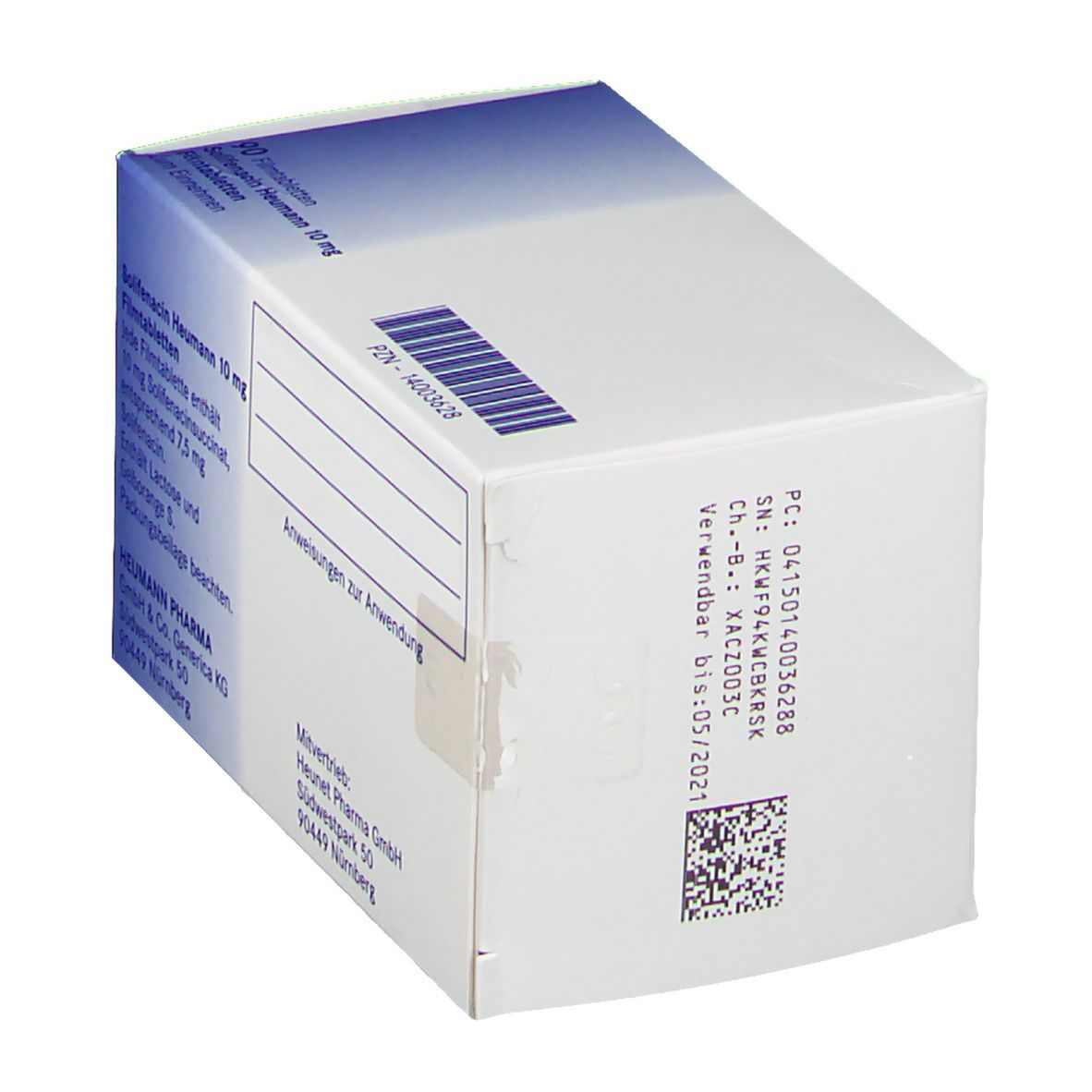 Verpackung Solifenacin Heumann 10 mg. Rückseite mit Barcode und Chargennummer. Weiße Schachtel mit blauer Akzentfarbe.