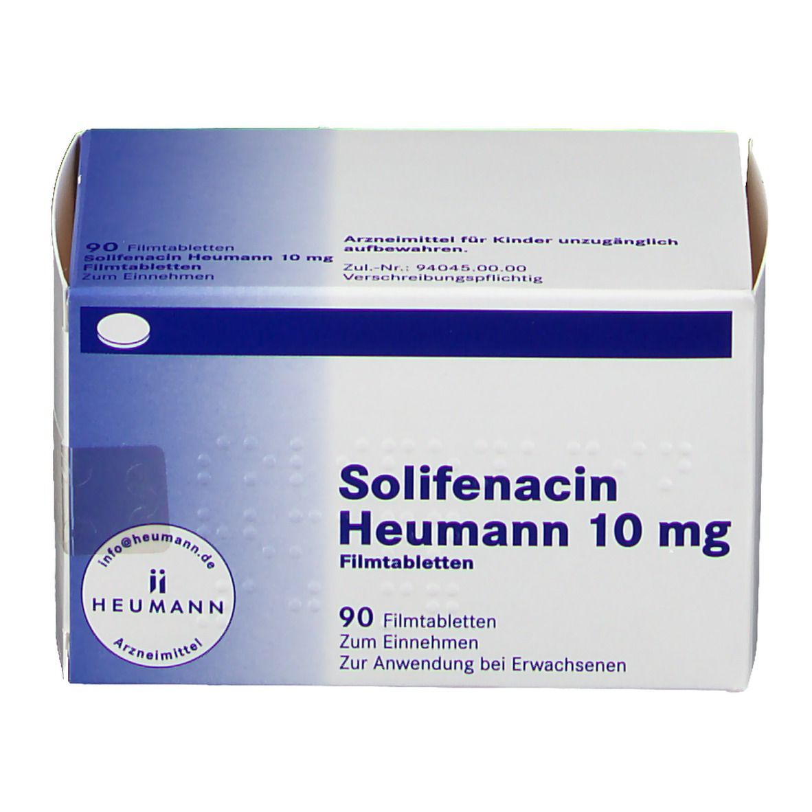 Schachtel Solifenacin Heumann 10 mg. 90 Filmtabletten. Heumann-Logo. Weiße Verpackung mit blauer Akzentfarbe.