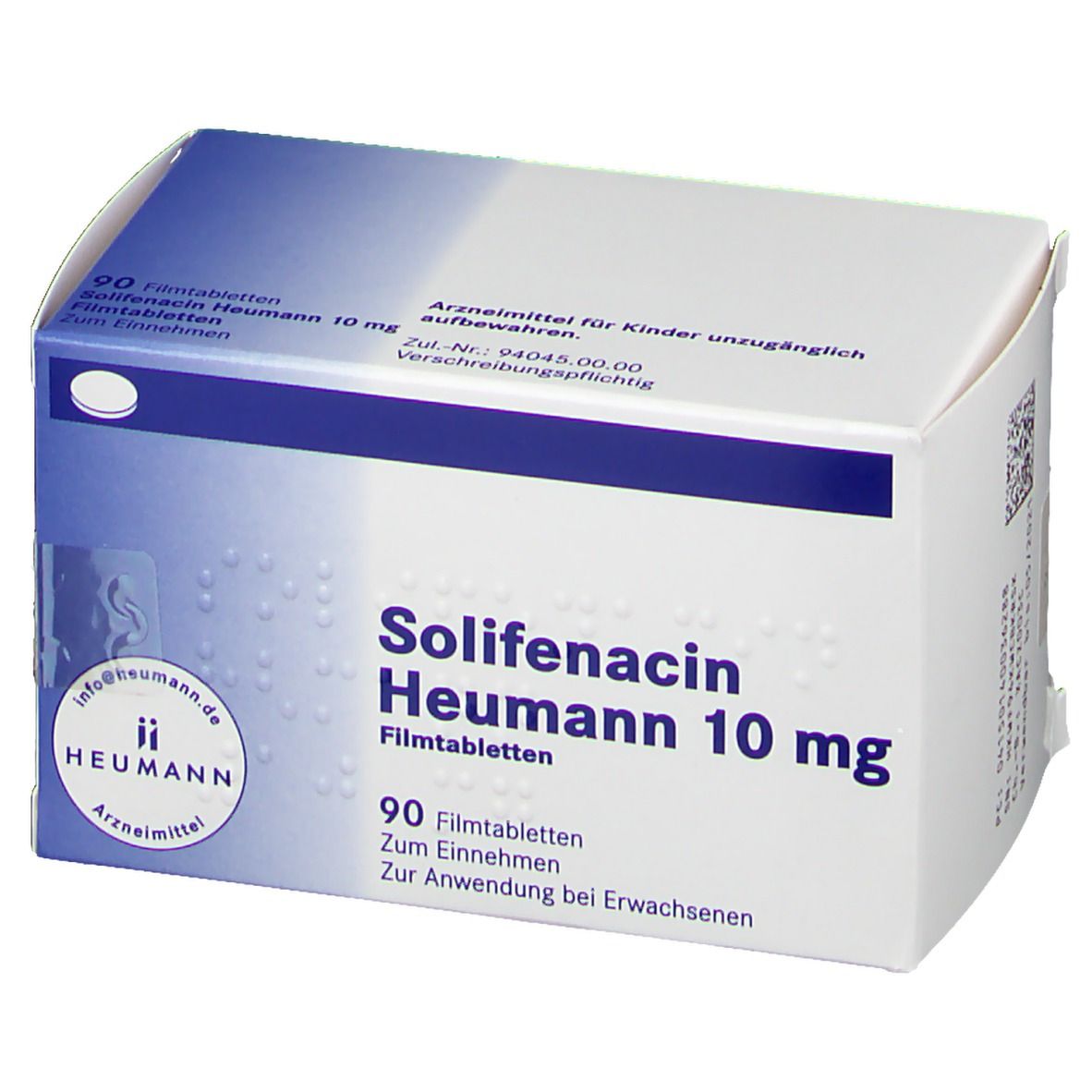 Schachtel Solifenacin Heumann 10 mg. 90 Filmtabletten. Heumann-Logo. Weiße Verpackung mit blauer Akzentfarbe.