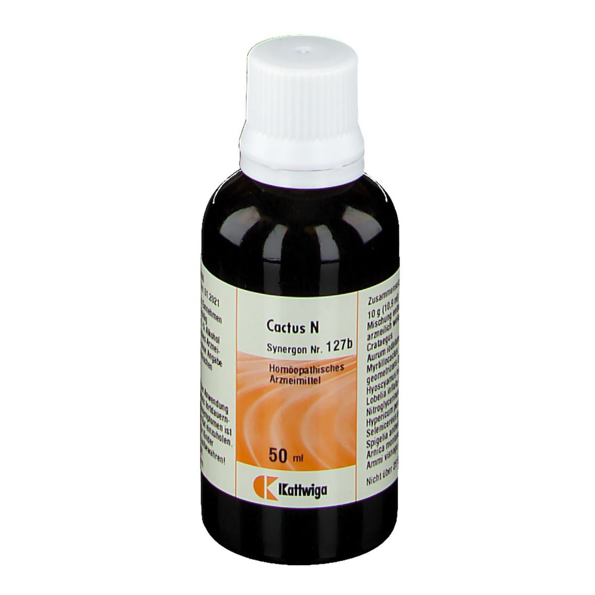 Braune Flasche mit weißem Deckel. Etikett mit Produktnamen, Inhaltsstoffen und Hersteller. 50 ml.