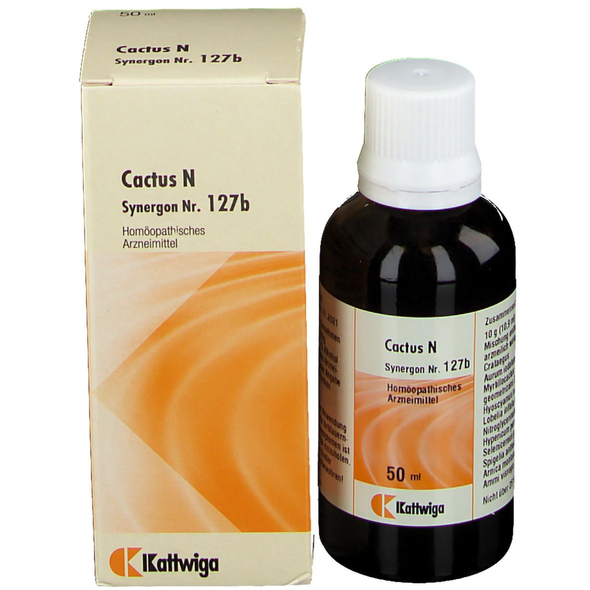 Braune Flasche und Karton. Aufschrift: Cactus N Synergon Nr. 127b. 50 ml. Herstellerlogo.