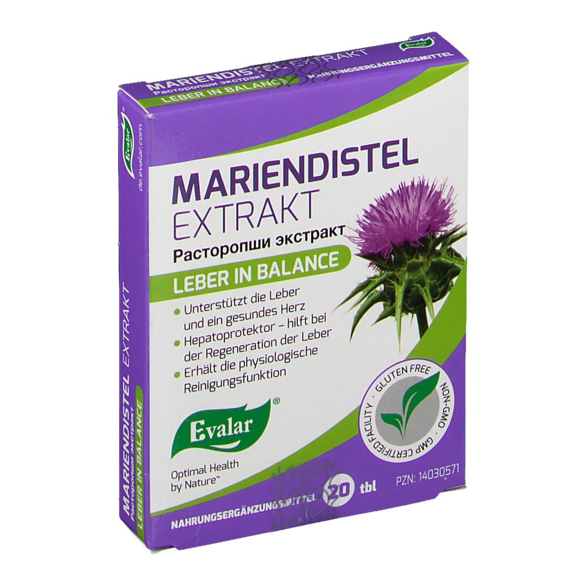 Verpackung mit Mariendistel Extrakt. Lila und weißes Design mit Produktnamen und Logo. Enthält 20 Tabletten. Glutenfrei.