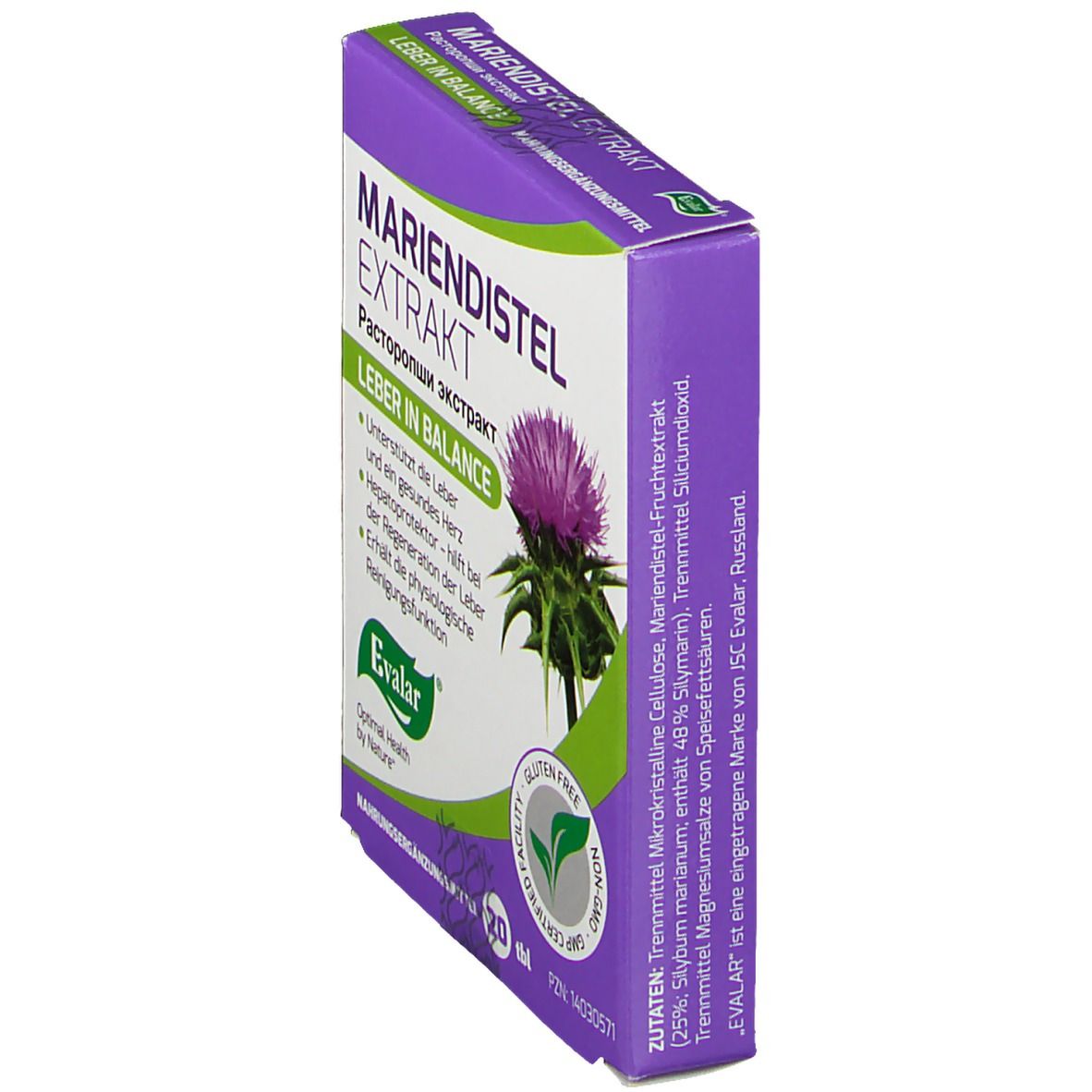 Schrägansicht der Verpackung von Mariendistel Extrakt. Lila und weißes Design. Enthält Informationen zu Inhaltsstoffen und Hersteller.