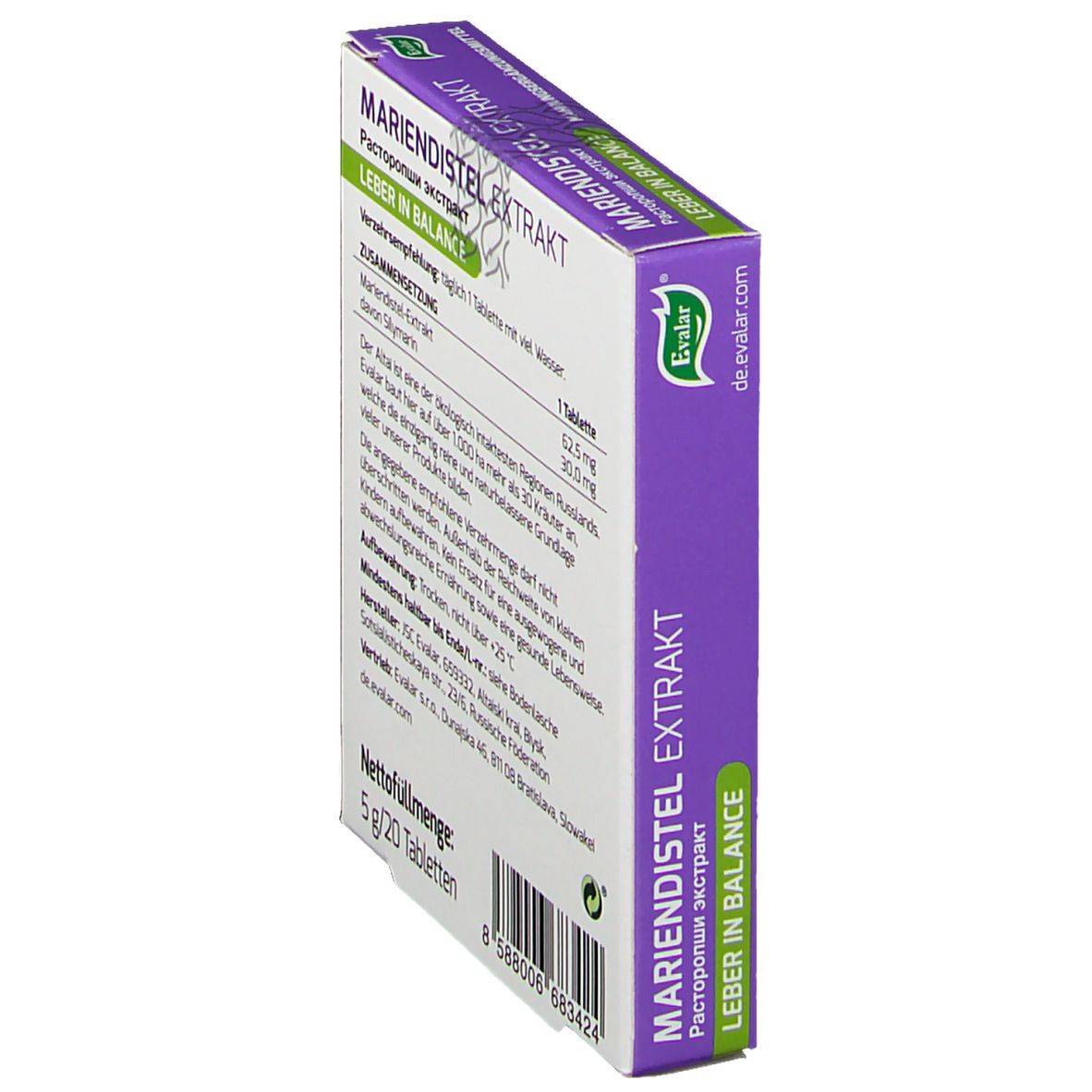 Rückseite der Mariendistel Extrakt Verpackung. Enthält Informationen zu Inhaltsstoffen, Dosierung und Hersteller. 20 Tabletten.