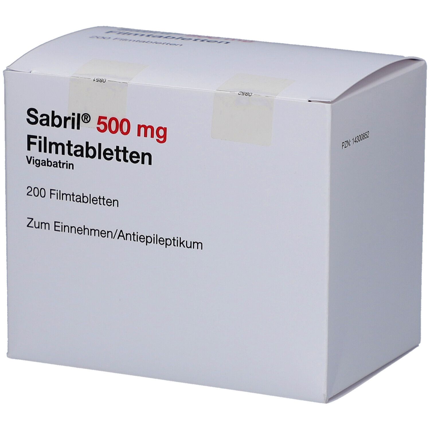 Weiße Schachtel mit roter Schrift: Sabril 500 mg Filmtabletten. 200 Tabletten. Zum Einnehmen/Antiepileptikum.