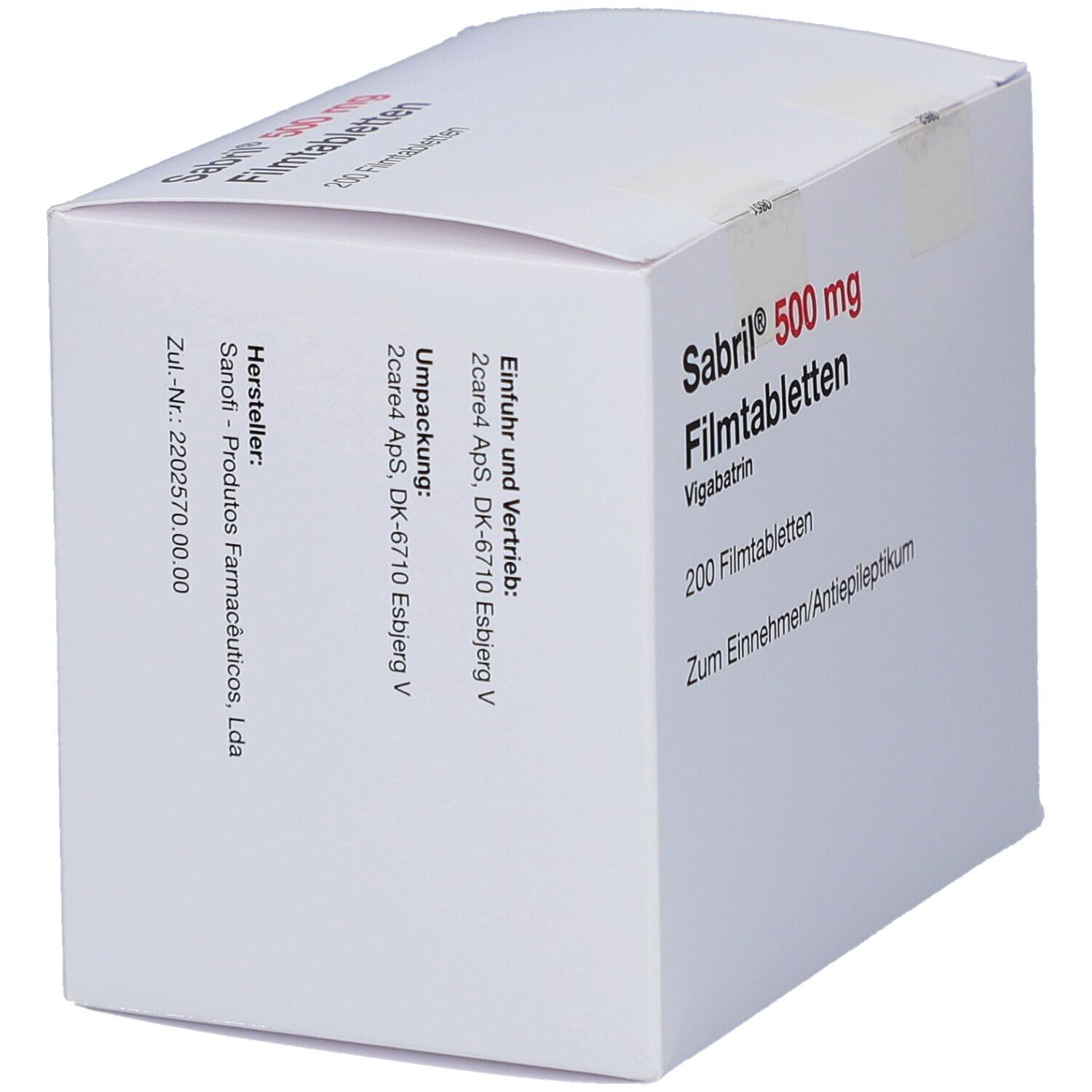 Weiße Schachtel mit roter Schrift: Sabril 500 mg Filmtabletten. 200 Tabletten. Hersteller- und Importinformationen.