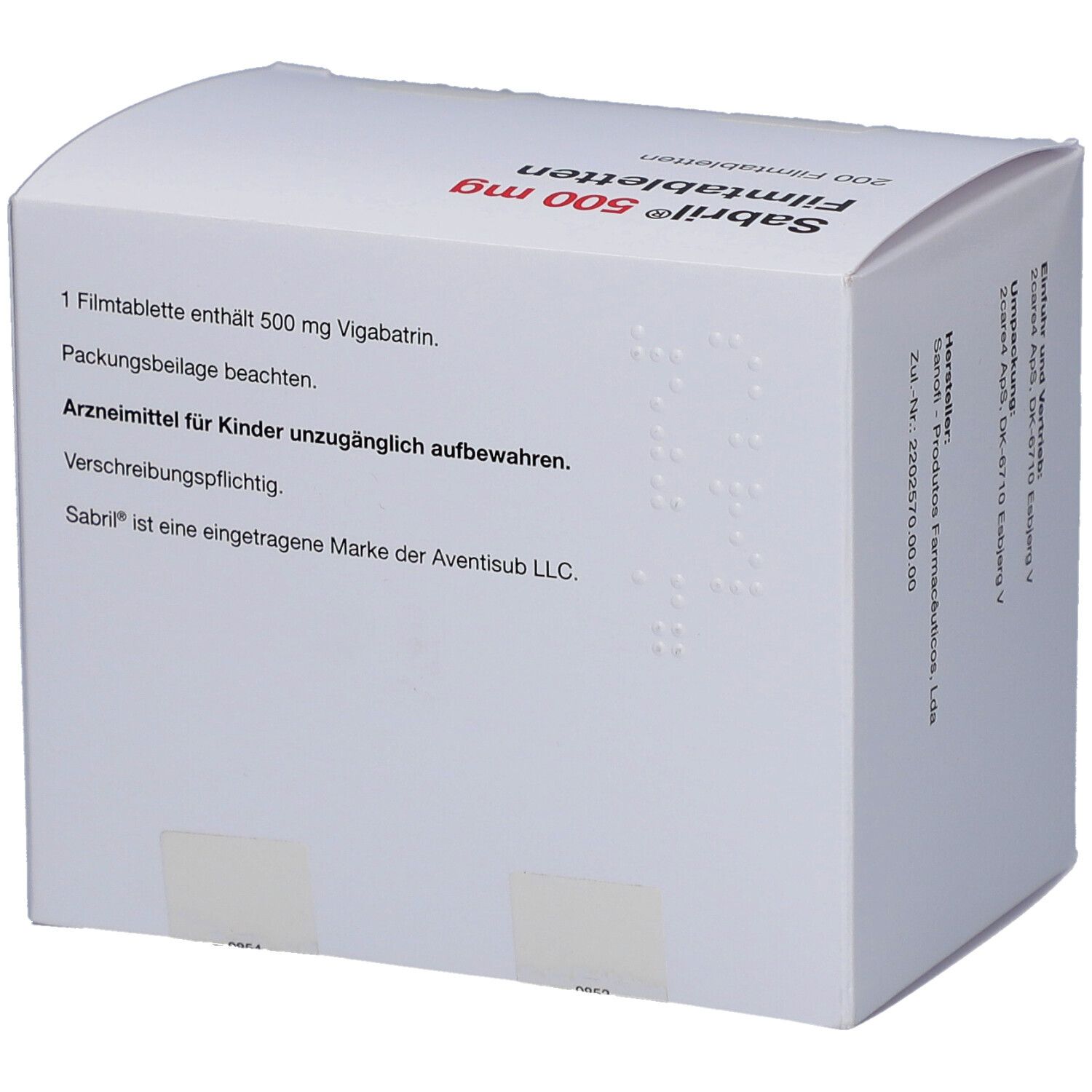 Weiße Schachtel mit roter Schrift: Sabril 500 mg Filmtabletten. Rückseite mit Text und Herstellerinformationen.