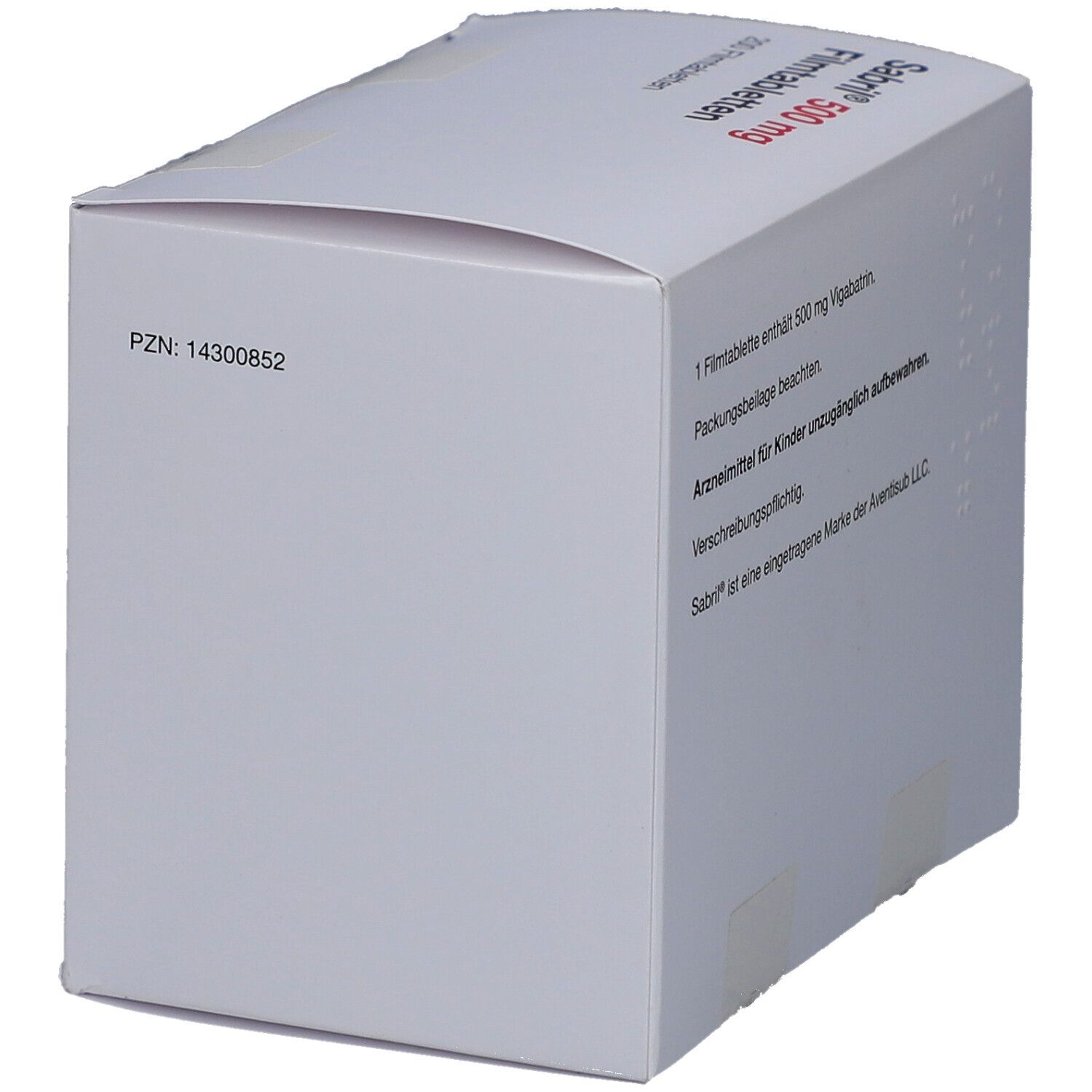 Weiße Schachtel mit roter Schrift: Sabril 500 mg Filmtabletten. PZN-Nummer. Rückseite mit Text.
