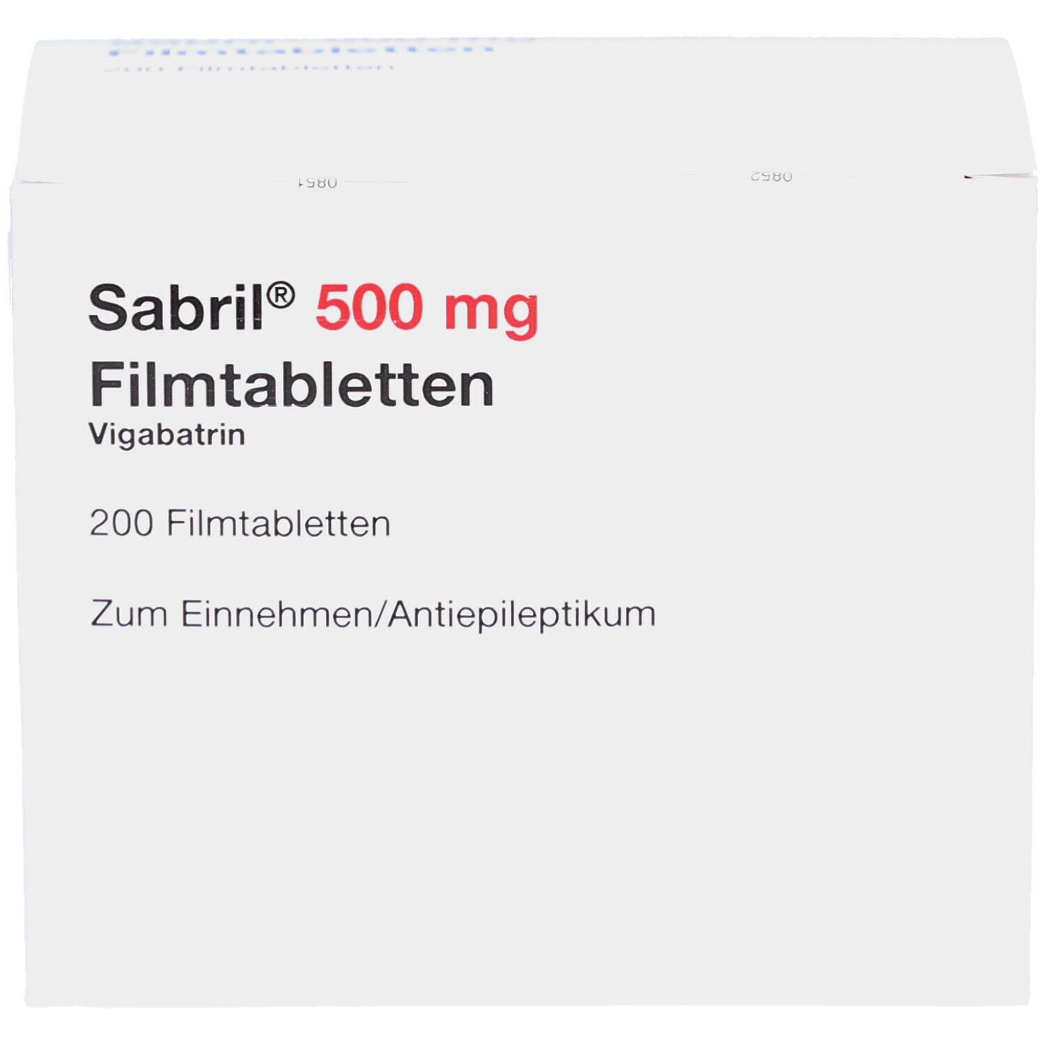 Weiße Schachtel mit roter Schrift: Sabril 500 mg Filmtabletten. 200 Tabletten. Zum Einnehmen/Antiepileptikum.