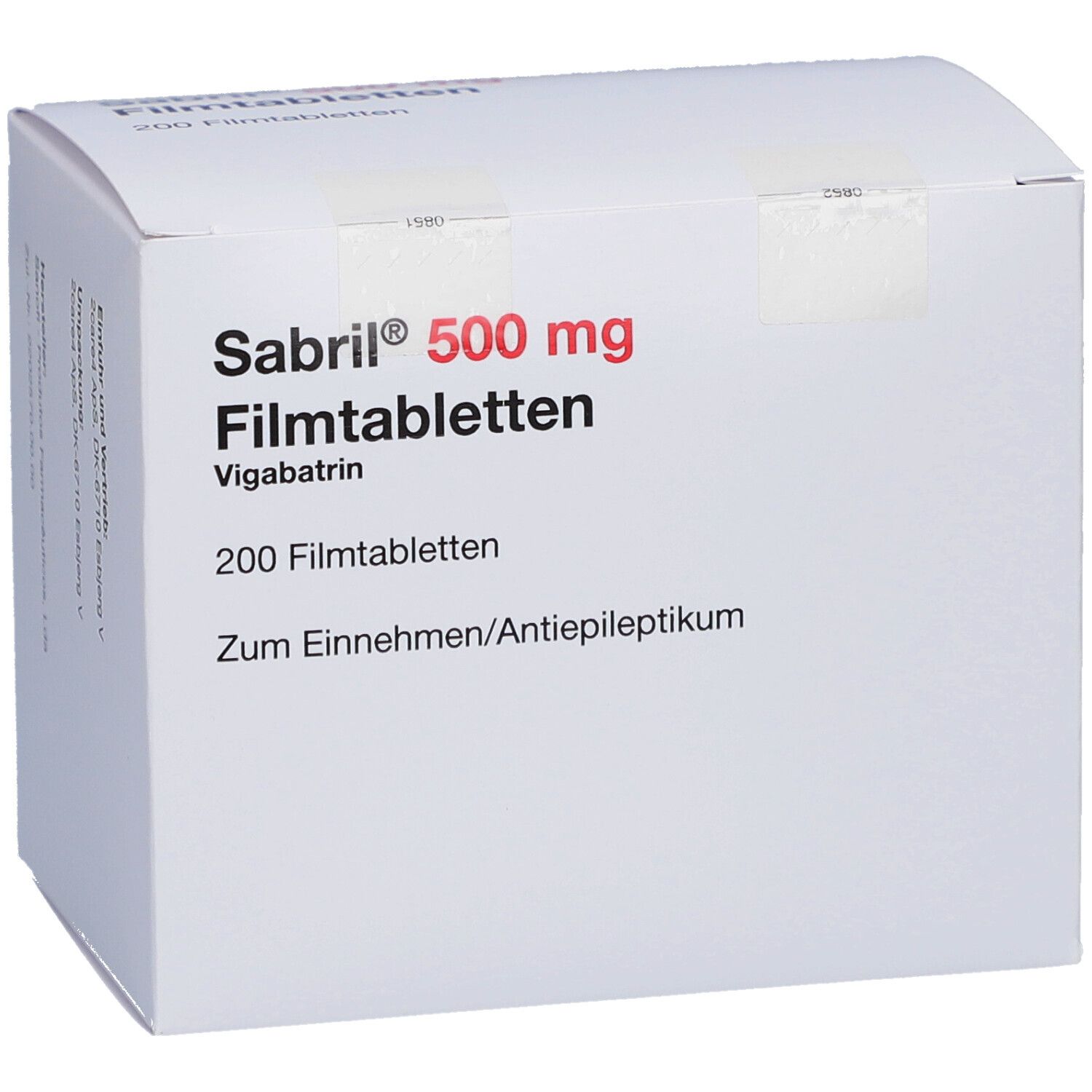 Weiße Schachtel mit roter Schrift: Sabril 500 mg Filmtabletten. 200 Tabletten. Zum Einnehmen/Antiepileptikum.