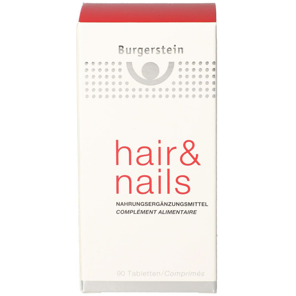 Weißer Karton mit rotem Deckel. Aufschrift: Burgerstein hair & nails. Nahrungsergänzungsmittel.