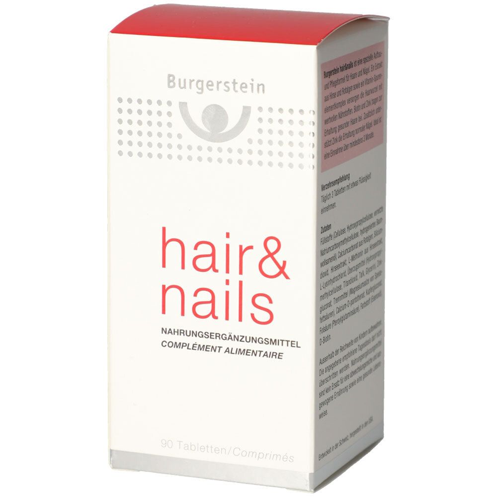 Weißer Karton mit rotem Deckel. Aufschrift: Burgerstein hair & nails. Seiten mit Text.