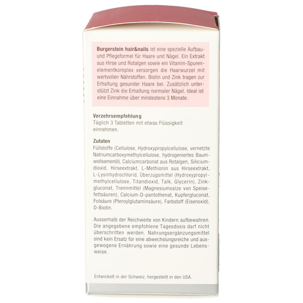 Rückseite des weißen Kartons. Text über Inhaltsstoffe und Anwendung von Burgerstein hair & nails.
