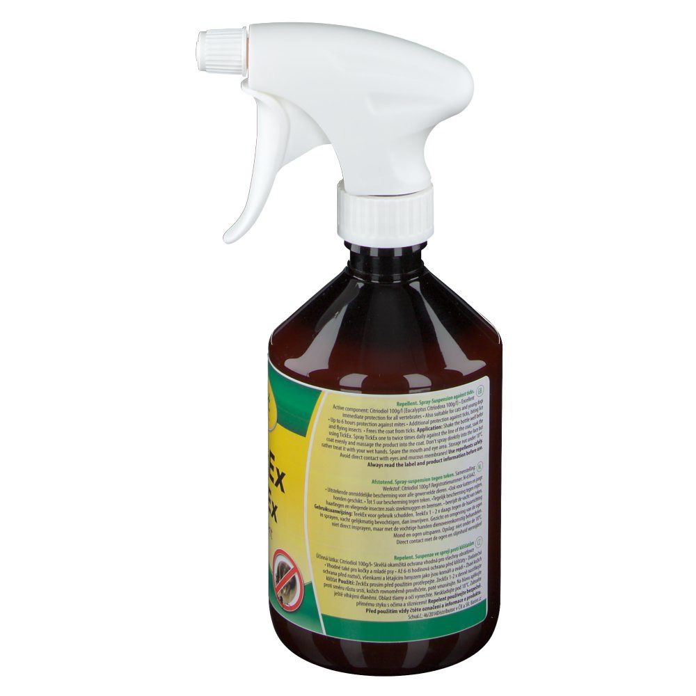 Braune Sprühflasche, Rückansicht. Weißer Sprühkopf. Etikett mit Text. "cd Vet" und "ZeckEx TickEx" sind sichtbar.