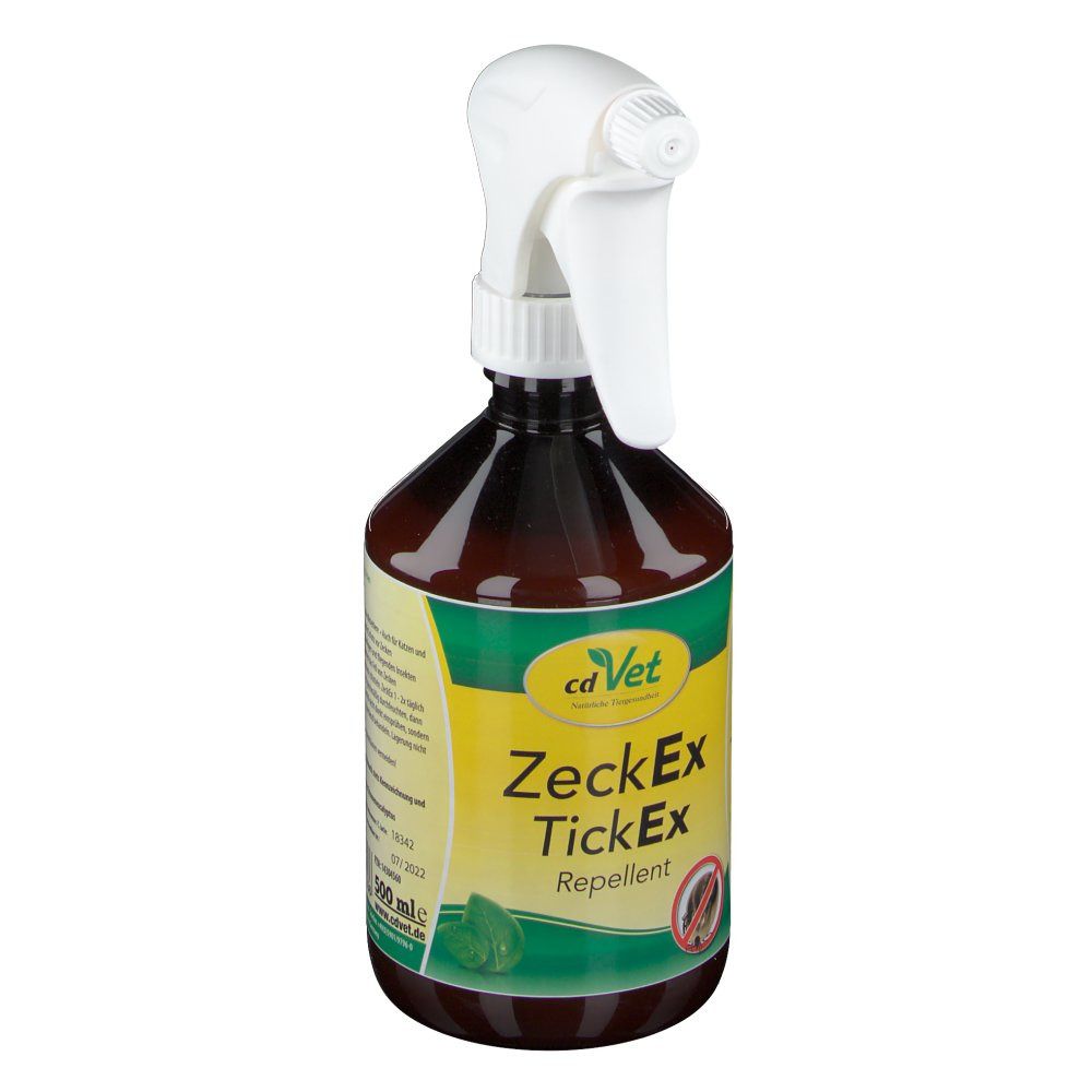 Braune Sprühflasche mit weißem Sprühkopf. Auf dem Etikett steht "cd Vet ZeckEx TickEx Repellent". Volumen: 500 ml.