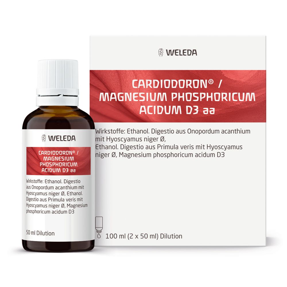Braune Glasflasche mit weißem Verschluss und Etikett. Karton mit Produktinformationen. Aufschrift: Cardiodoron®/Magnesium phosphoricum acidum D3 aa.
