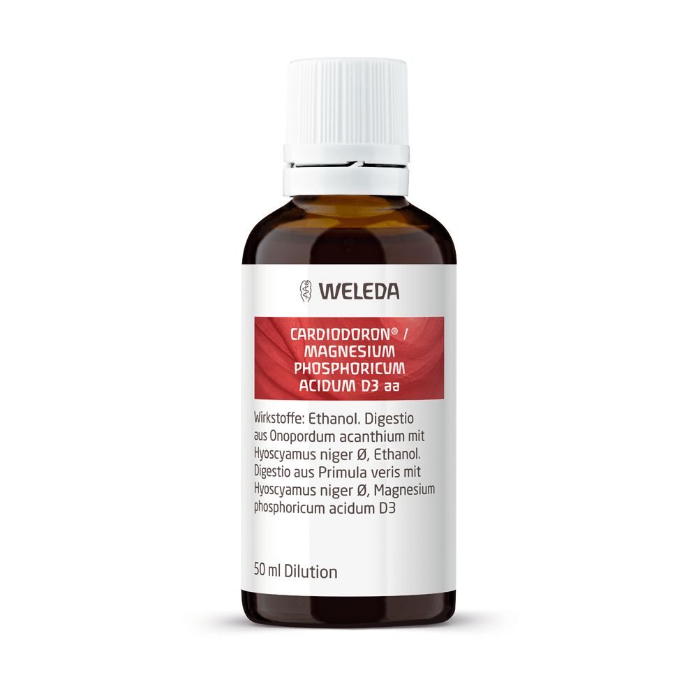 Braune Glasflasche mit weißem Verschluss und Etikett. Aufschrift: Cardiodoron®/Magnesium phosphoricum acidum D3 aa. 50 ml Dilution.