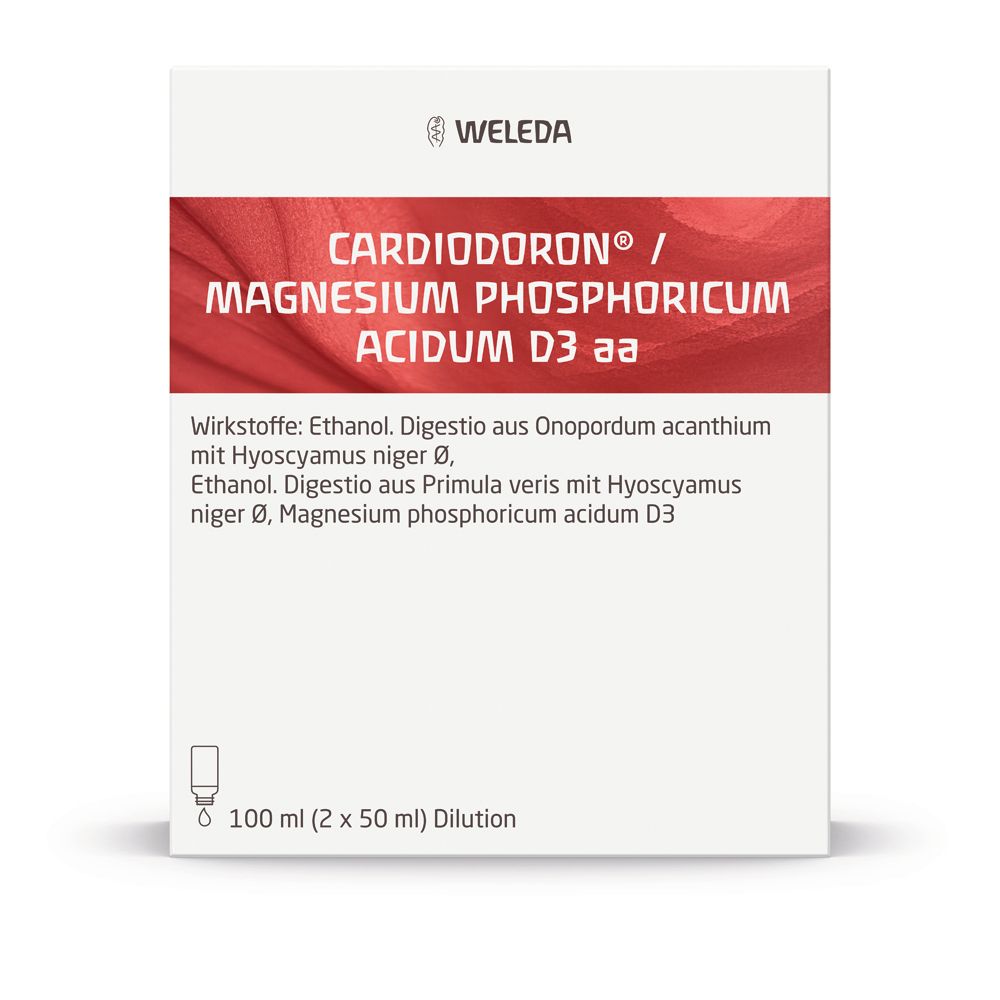 Weiße Schachtel mit rotem Streifen und Produktinformationen. Aufschrift: Cardiodoron®/Magnesium phosphoricum acidum D3 aa. 100 ml (2 x 50 ml) Dilution.